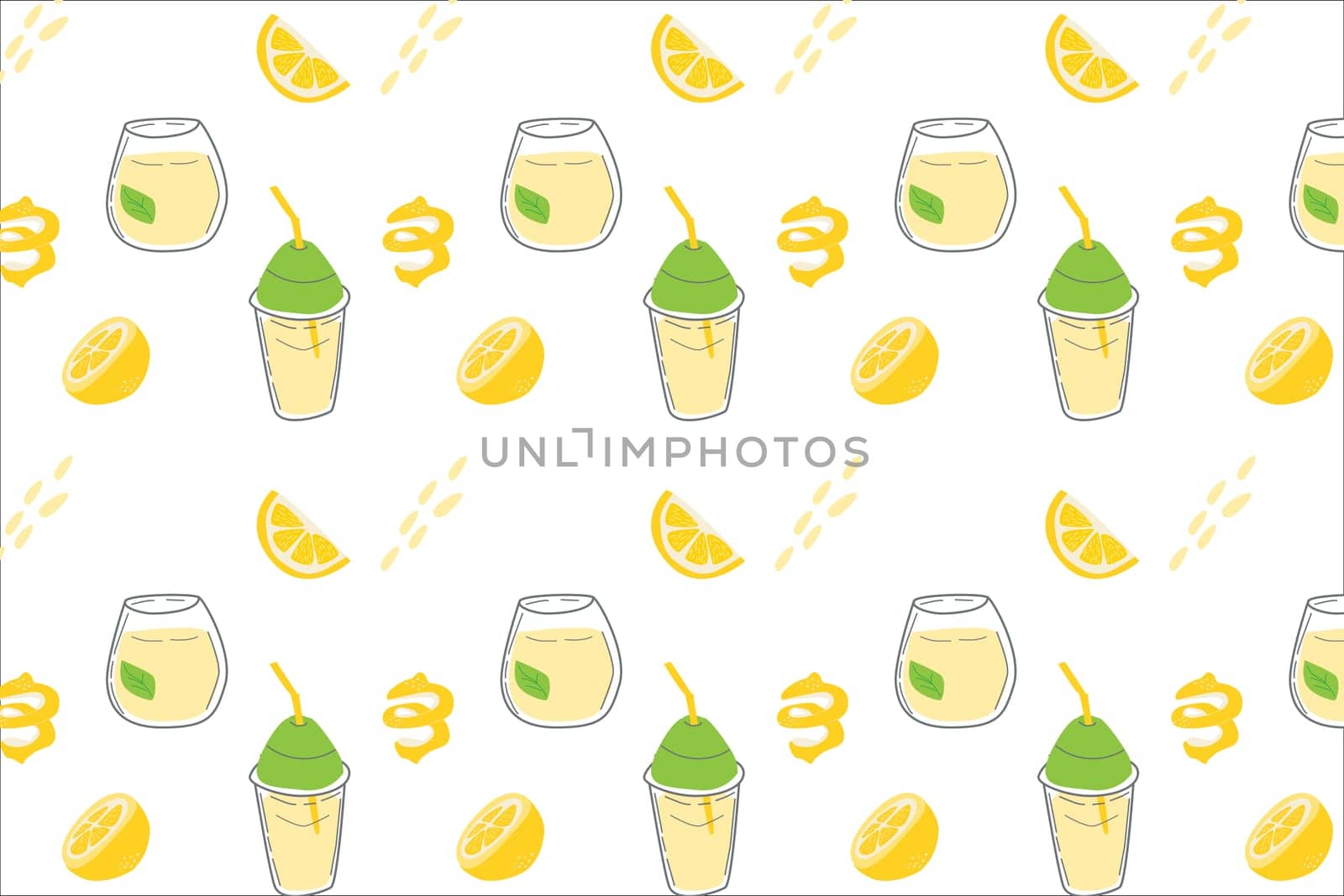 lemonade and lemon slices summer fresh seamless pattern. Vector illustration on white background in a flat style. Refreshment art background for wrapping, label and wallpaper.