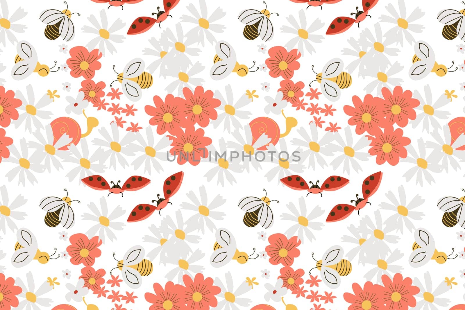 cute floral seamless pattern with insects ladybug, snail, bees. Vector illustration on white background. Cute daisy flowers, bumble bee. Fabric pattern for textile or wallpapers.