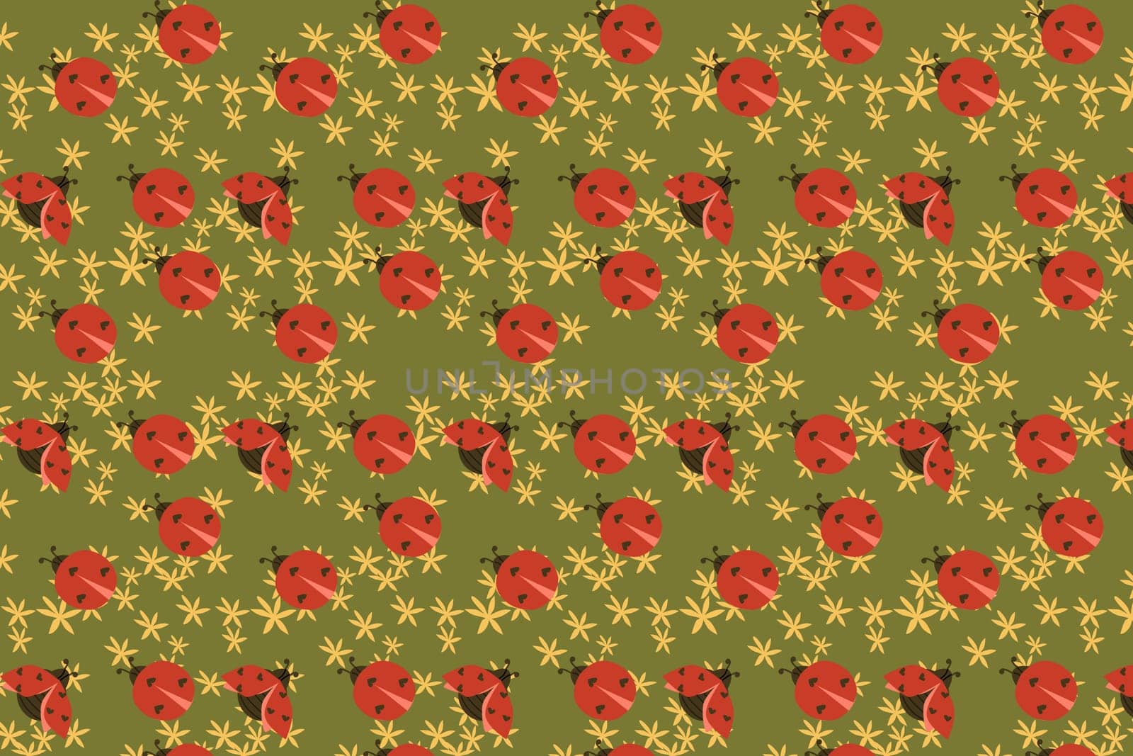 cute summer pattern with beetle bug on green background. Vector illustration in flat style