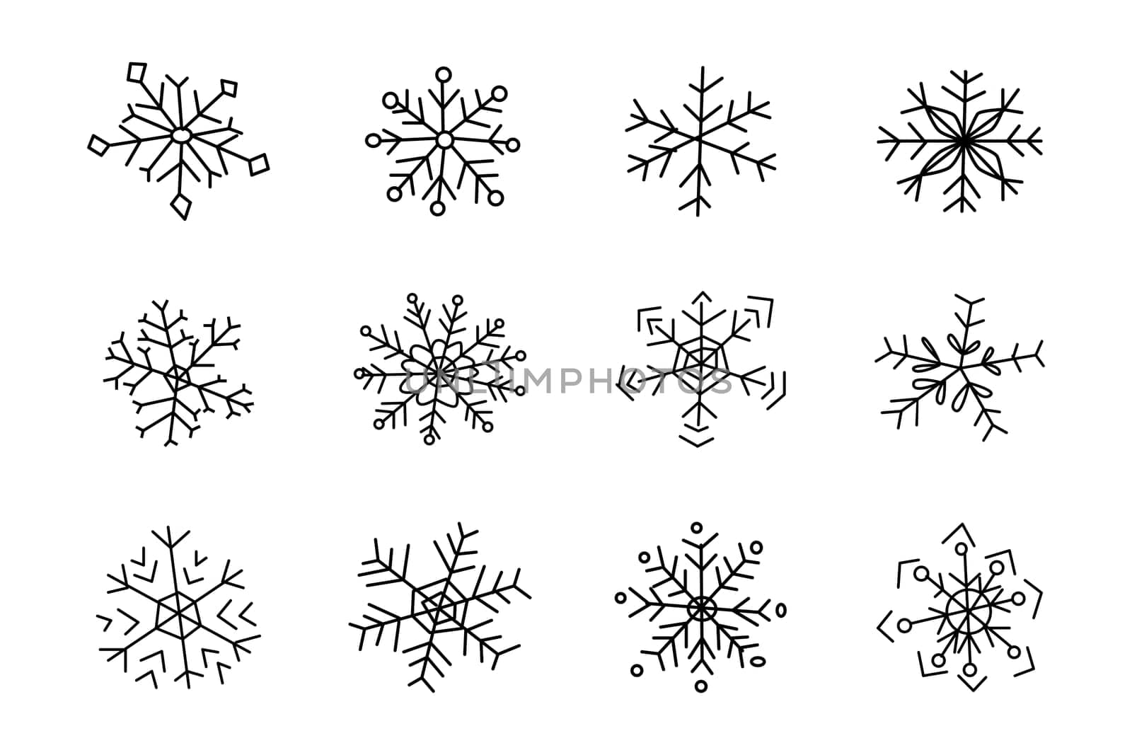 Simple doodle icons set of snowflakes. Usable for cristmas decoration backgrounds, greeting cards, wallpapers.