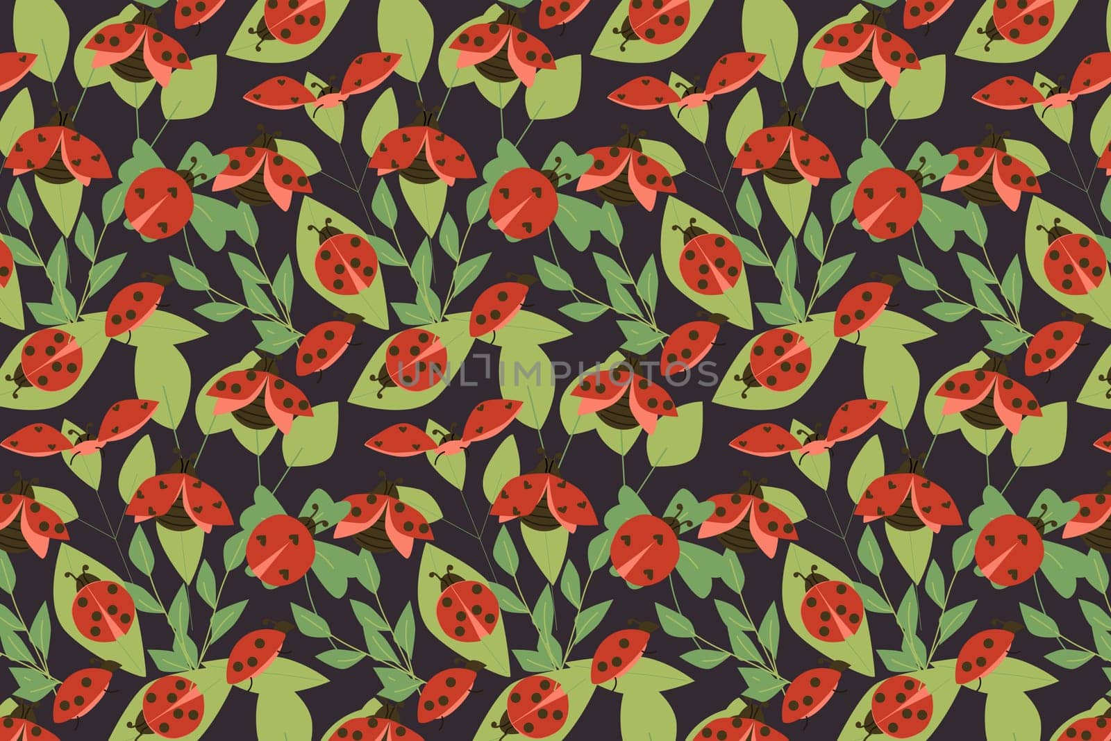 Seamless pattern of ladybugs and leaves on dark color background. Vector illustration of bright colors red bugs with dottes and leaves.