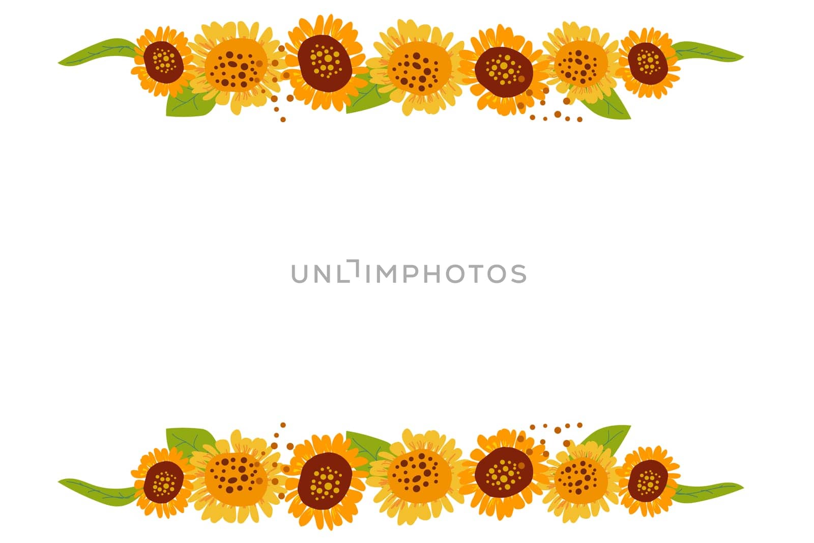 straight horizontal border made of sunflower leaves and decorative elements. Vector illustration on white backgrounds.