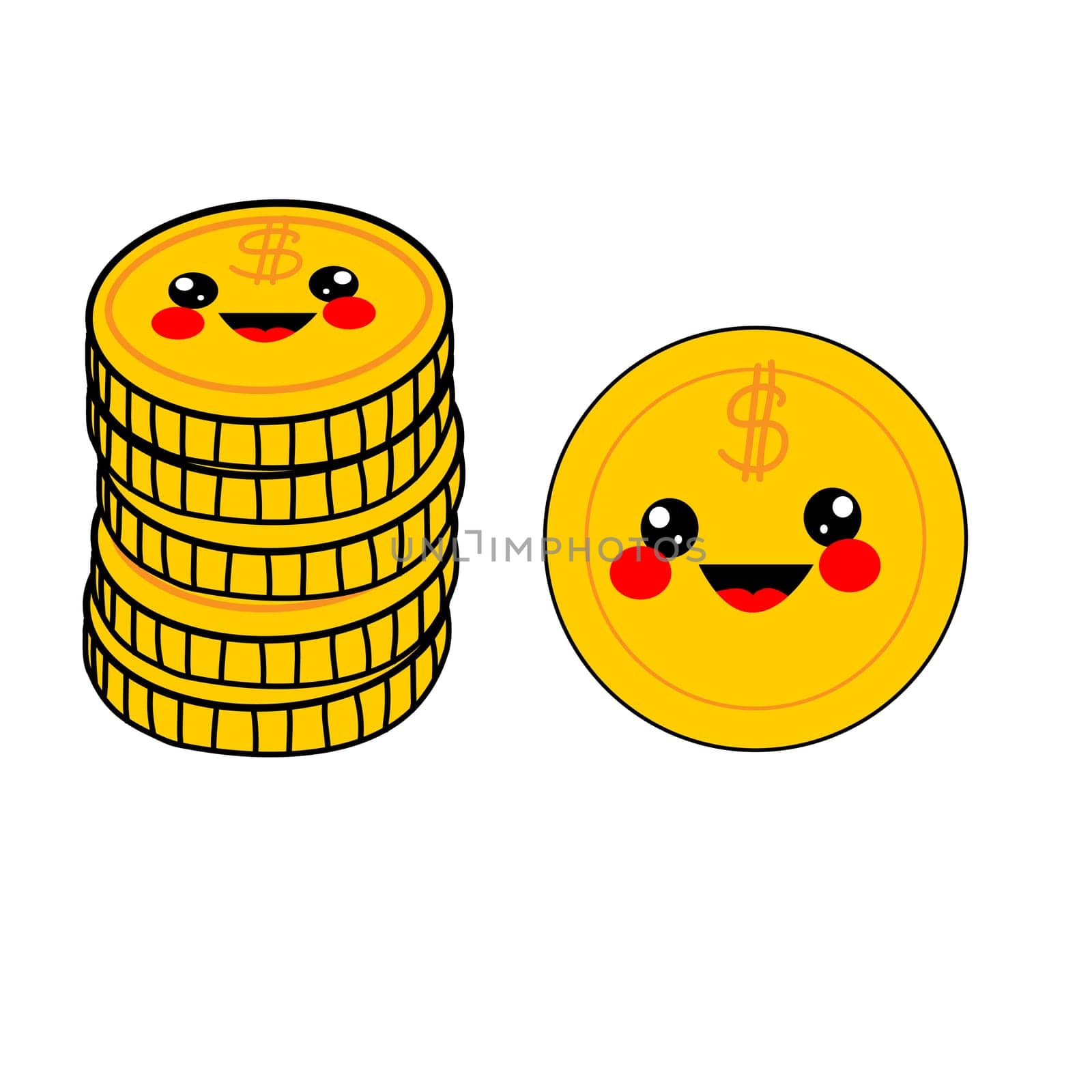 a stack of coins in a cartoon style of kawaii on a white background. Vector illustration isolated. smiling money with face.