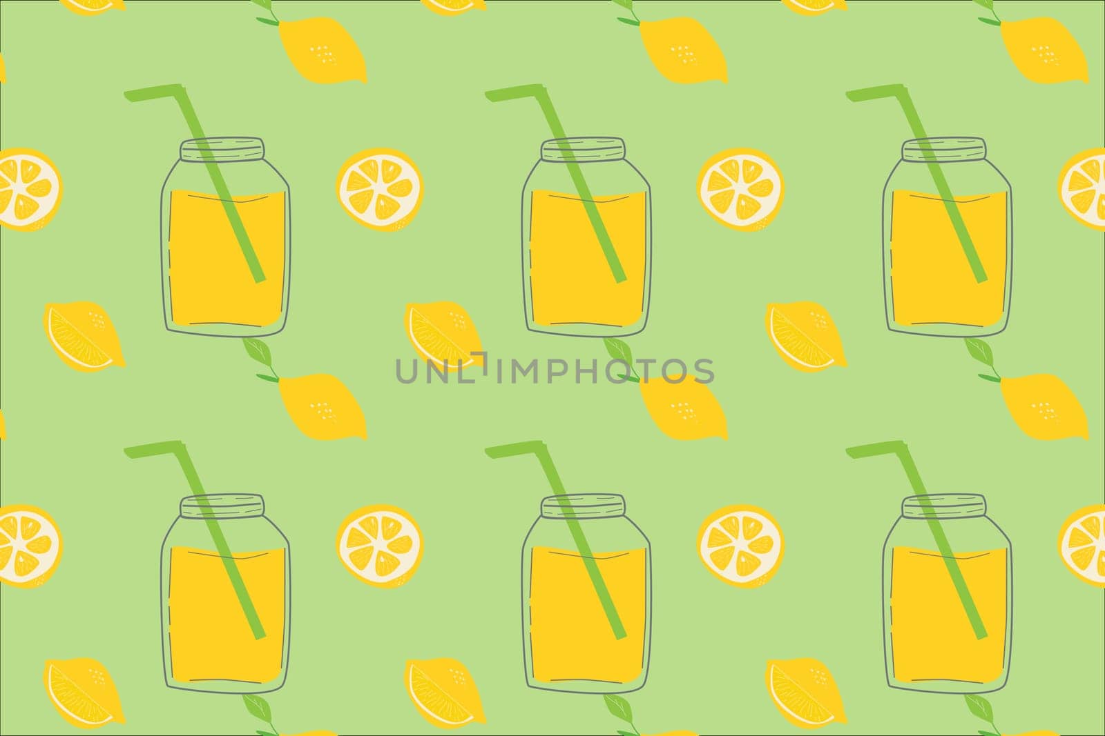 detox drink - lemonade with lemon slices and straw - pattern. Vector illustration on green background. Summer seamless pattern for wrapping, wallpaper.