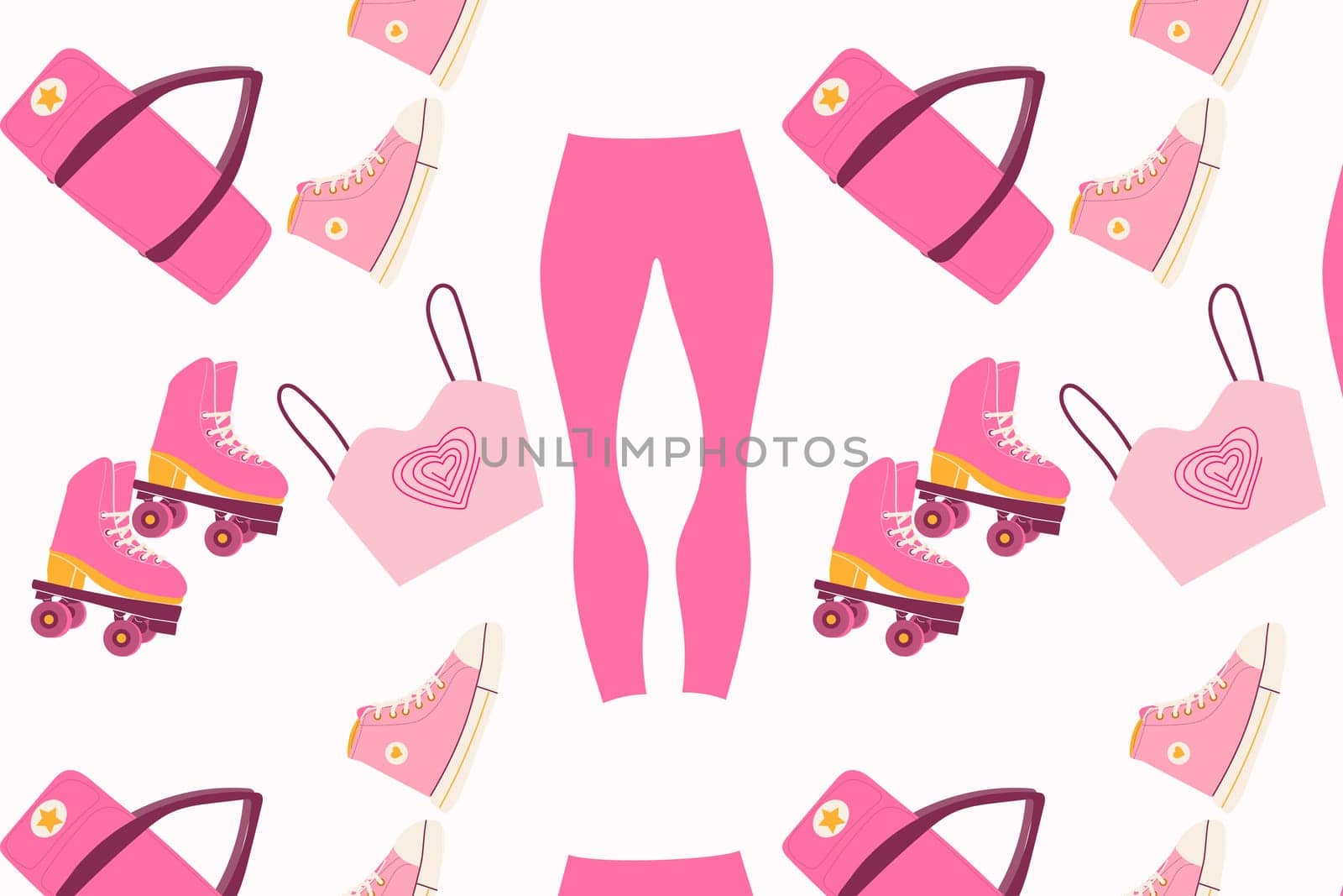 trendy fashion pattern seamless with pink leggings, bag. topic, shoes. Vector illustration