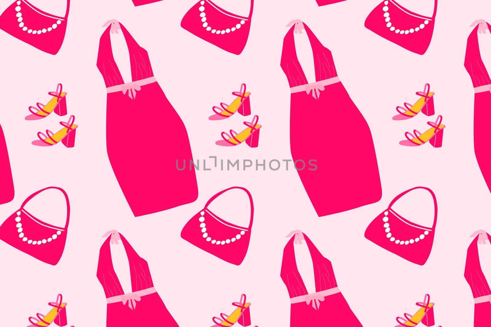cute pink seamless pattern with clothing and accessories of pink doll . Vector illustration of swimsuit, sunglasses, hat, earnings, accesories.
