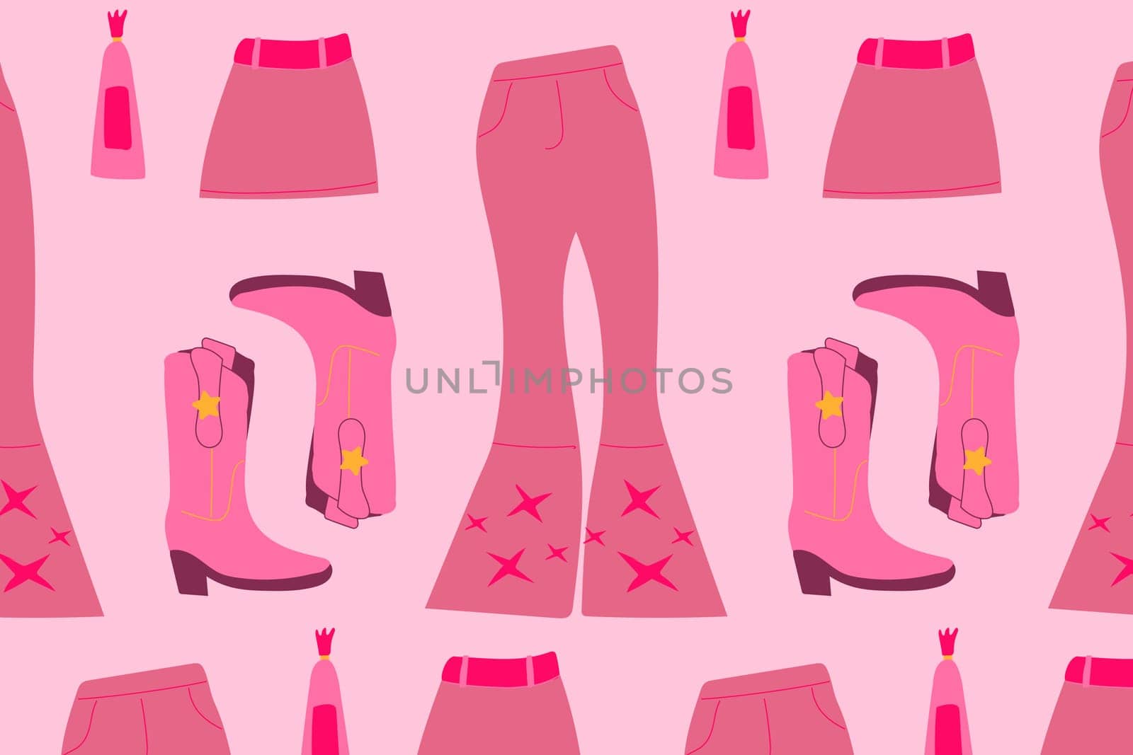 seamless pattern on pink background with cowboy women's boots and flared pants. Vector illustration in a trendy pink doll style.