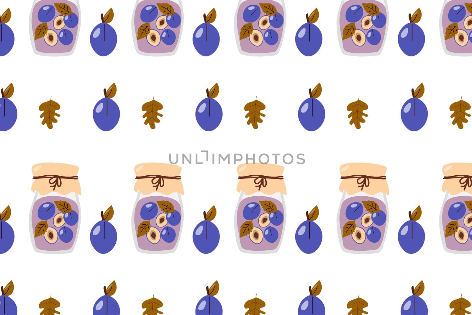 cartoon vector illustration - seamless background ofhomemade compote of plums . Vector illustration isolated, can be used for menu, cards, web and print design, labels. Fresh plums in bright colors.