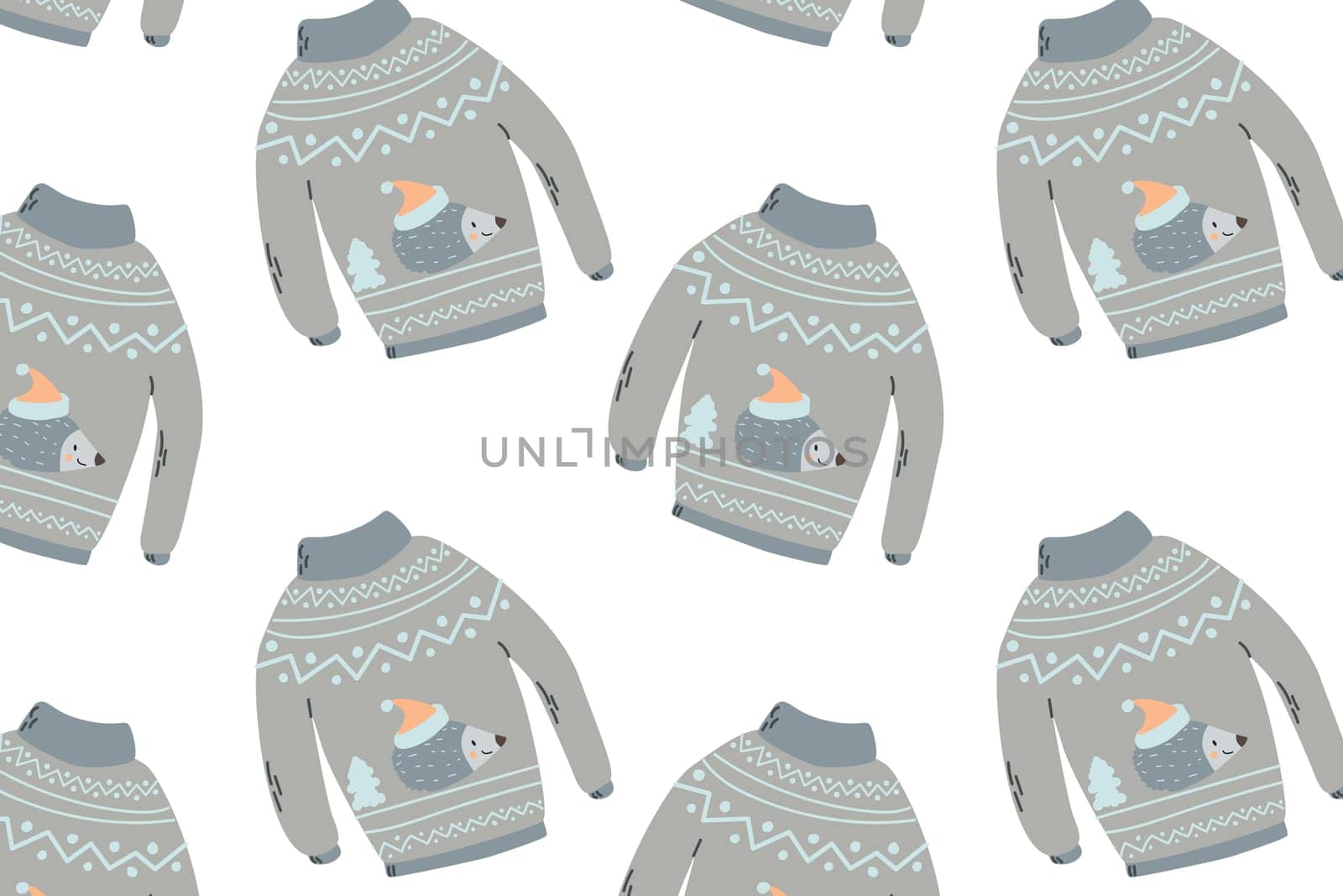 cute scandinavian sweater background with hedgehog. Vector illustration isolated. Usable for baby nursery clothes, nordic textile.