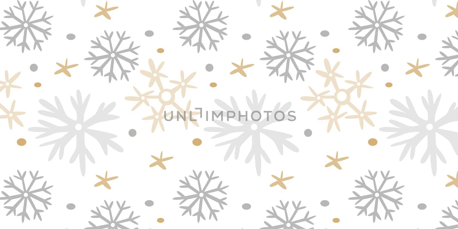 Vector Seamless Decorative Background with Silver and Gold Snowflakes. Usable for print and web design, for wrapping, wallpapers. Christmas background on white backdrop.