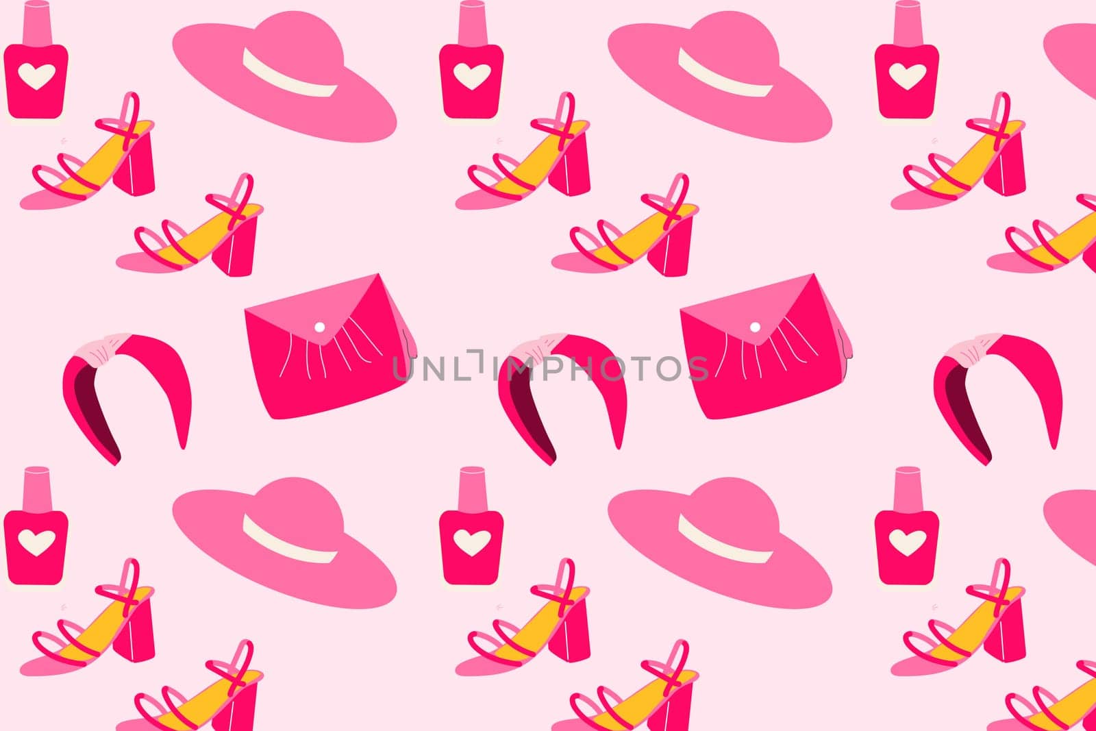cute pink aestetick pattern with fashion accesory. Vector illustration on pink trendy colors of dolls style, 2000 years.