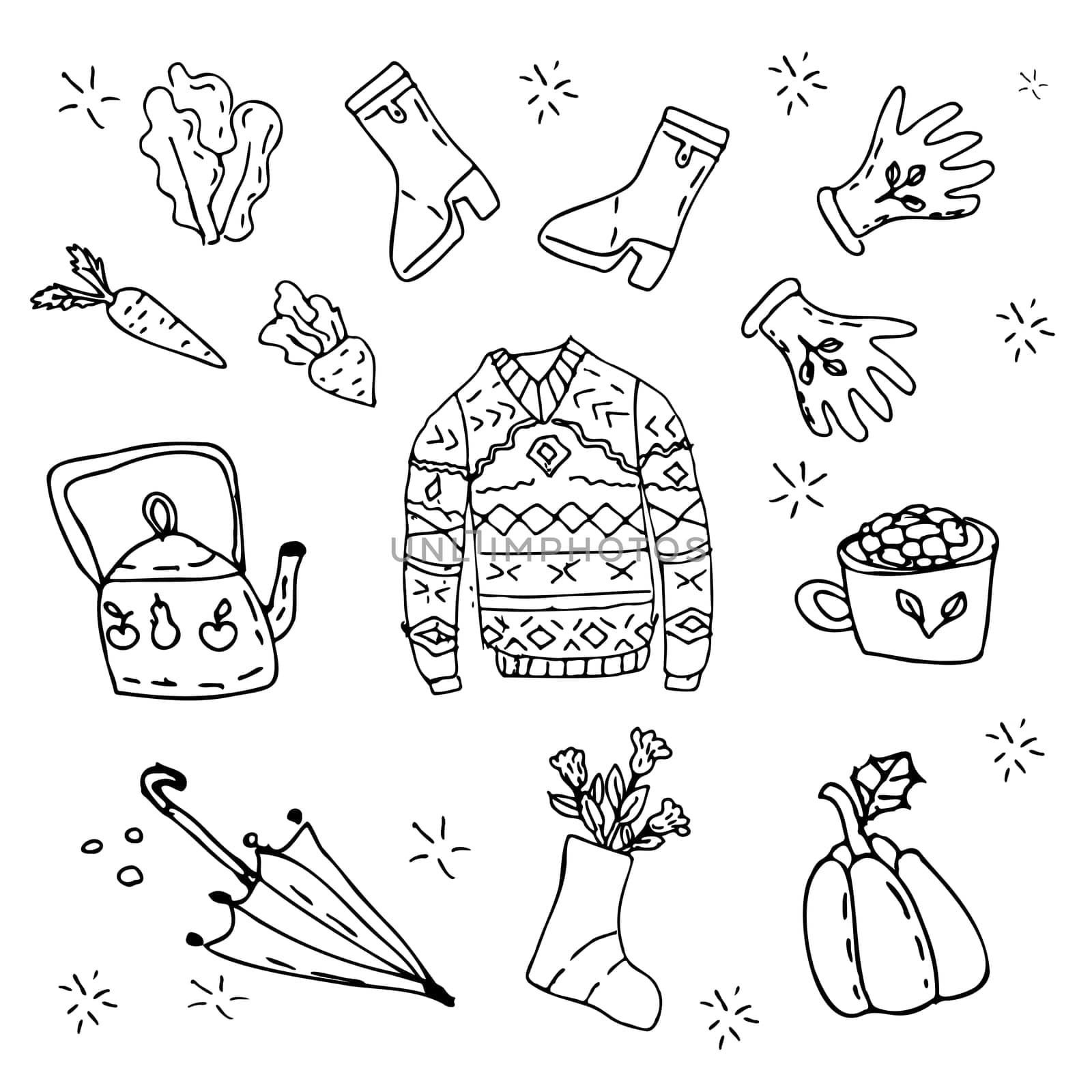 doodle autumn background with cozy sketch elements. Vector illustration. Doodle set of flat sketch with pumkin, boots, sweater, umbrella, mug and teapot.