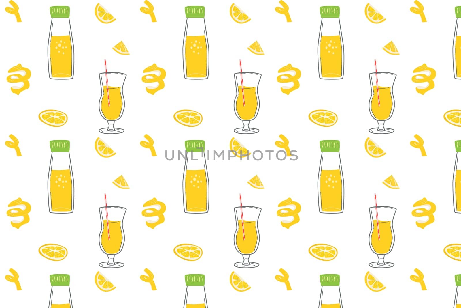 Summer seamless pattern with lemon slice, drink, straw. Vector illustration of bright colors. Yellow and green. Fresh drink - background or backdrop.