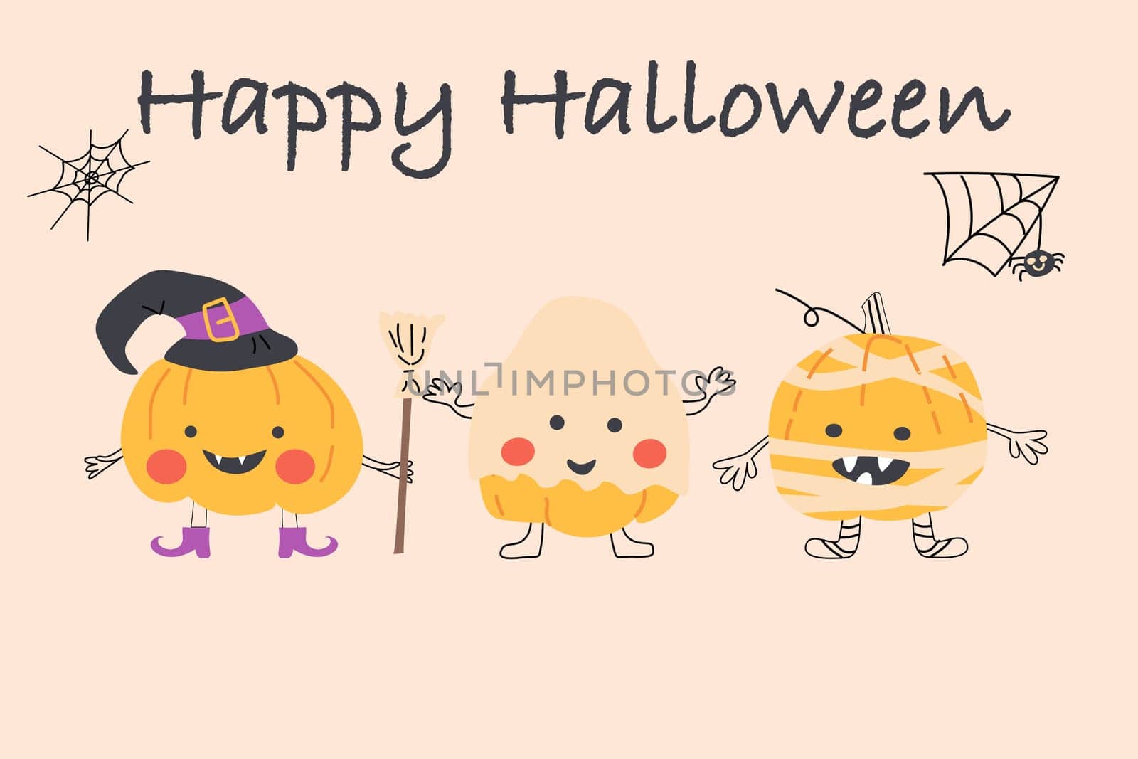 cartoon halloween characters in holiday costumes of witch, mummy and ghost. Usable for greeting card, invitation, web banner and postcard. Cartoon pumkins faces in trendy outline and flat style.