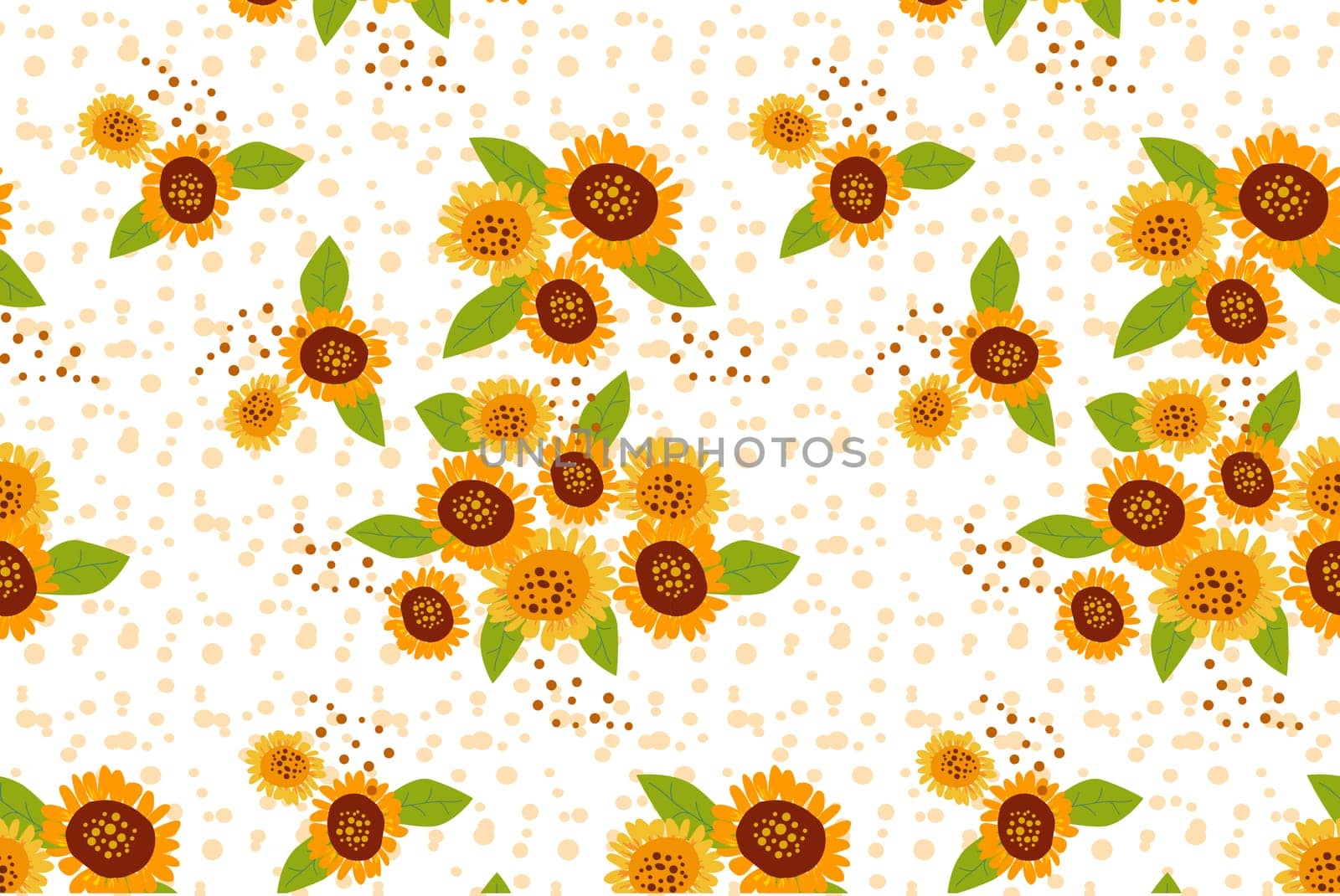 cute seamless pattern with sunflowers and leaves and seeds. Vector illustration on a bright colors.
