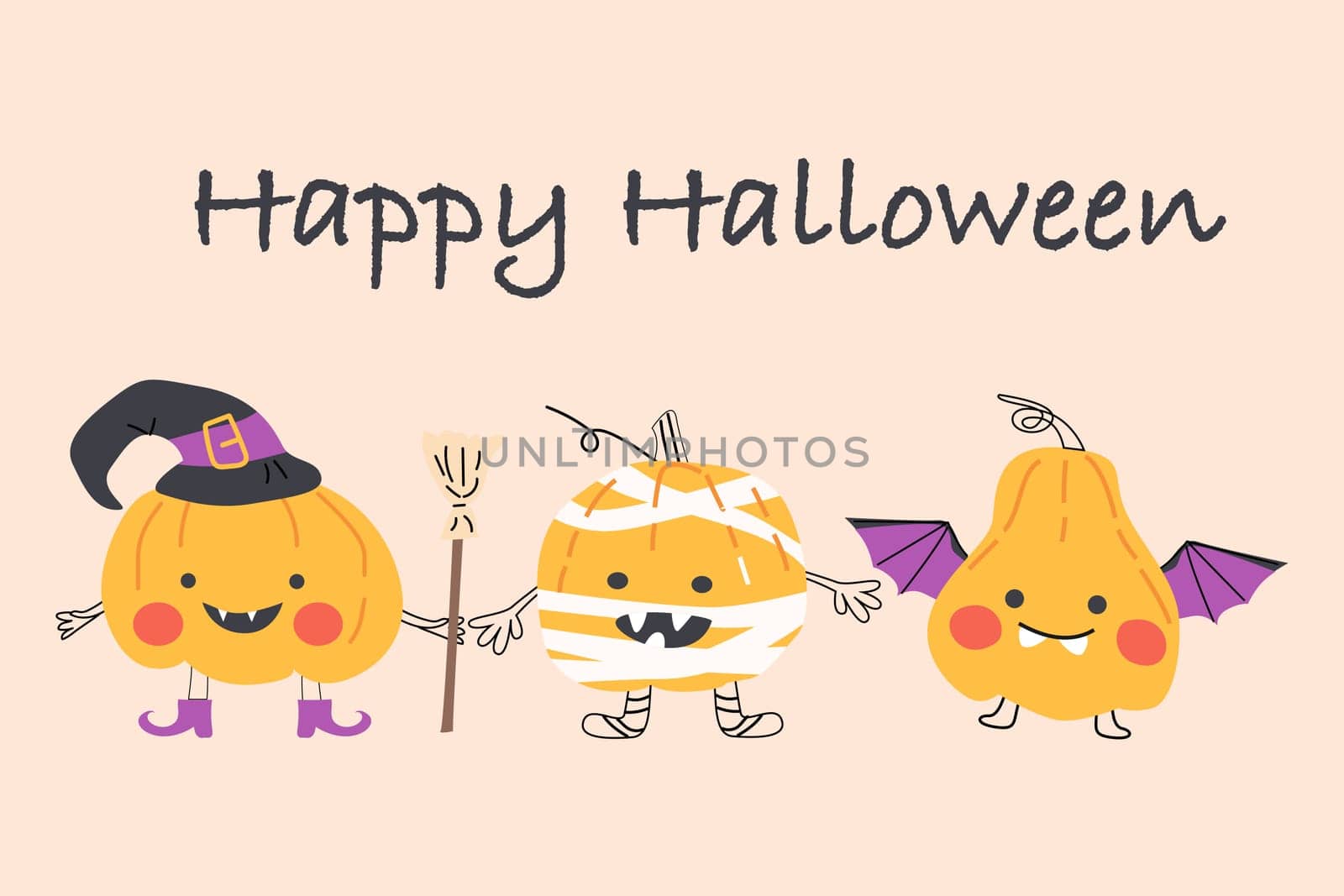 cute greeting card or banner with pumkin monsters. Vector illustration with cartoon evil characters pumkin bat, pumkin mummy and witch from Jack o Lantern.