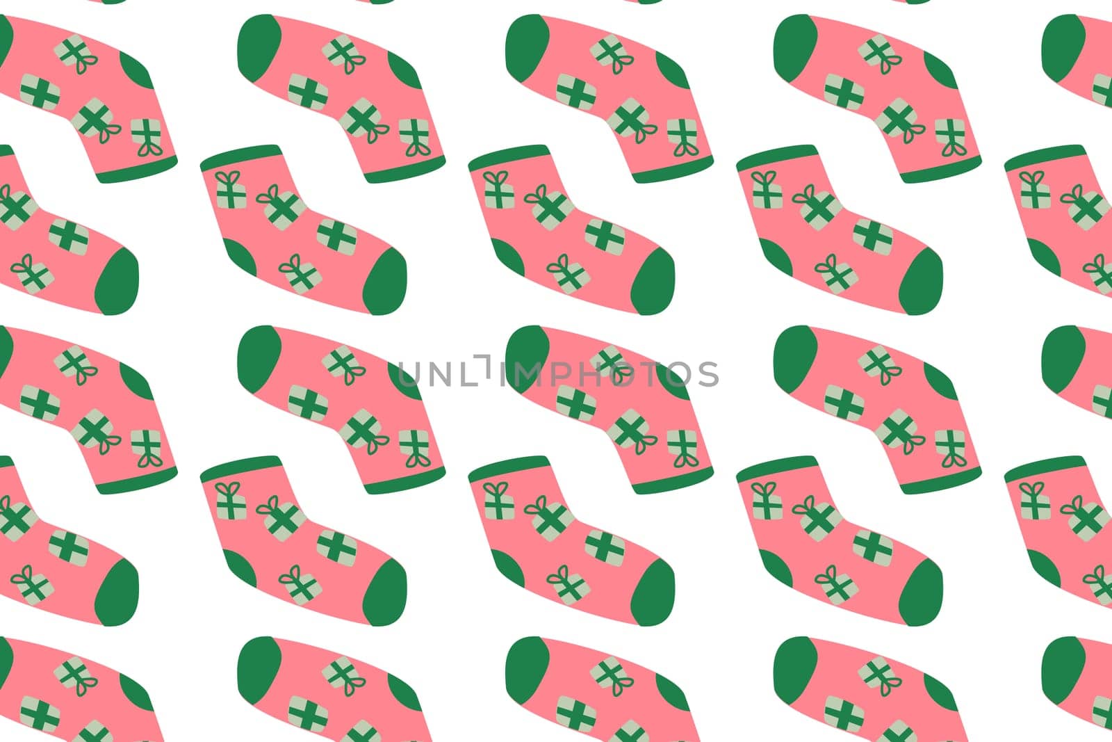 winter holiday background with pink socks and gift. Vector illustration in trendy pink color. Gift for xmas or Christmas background.