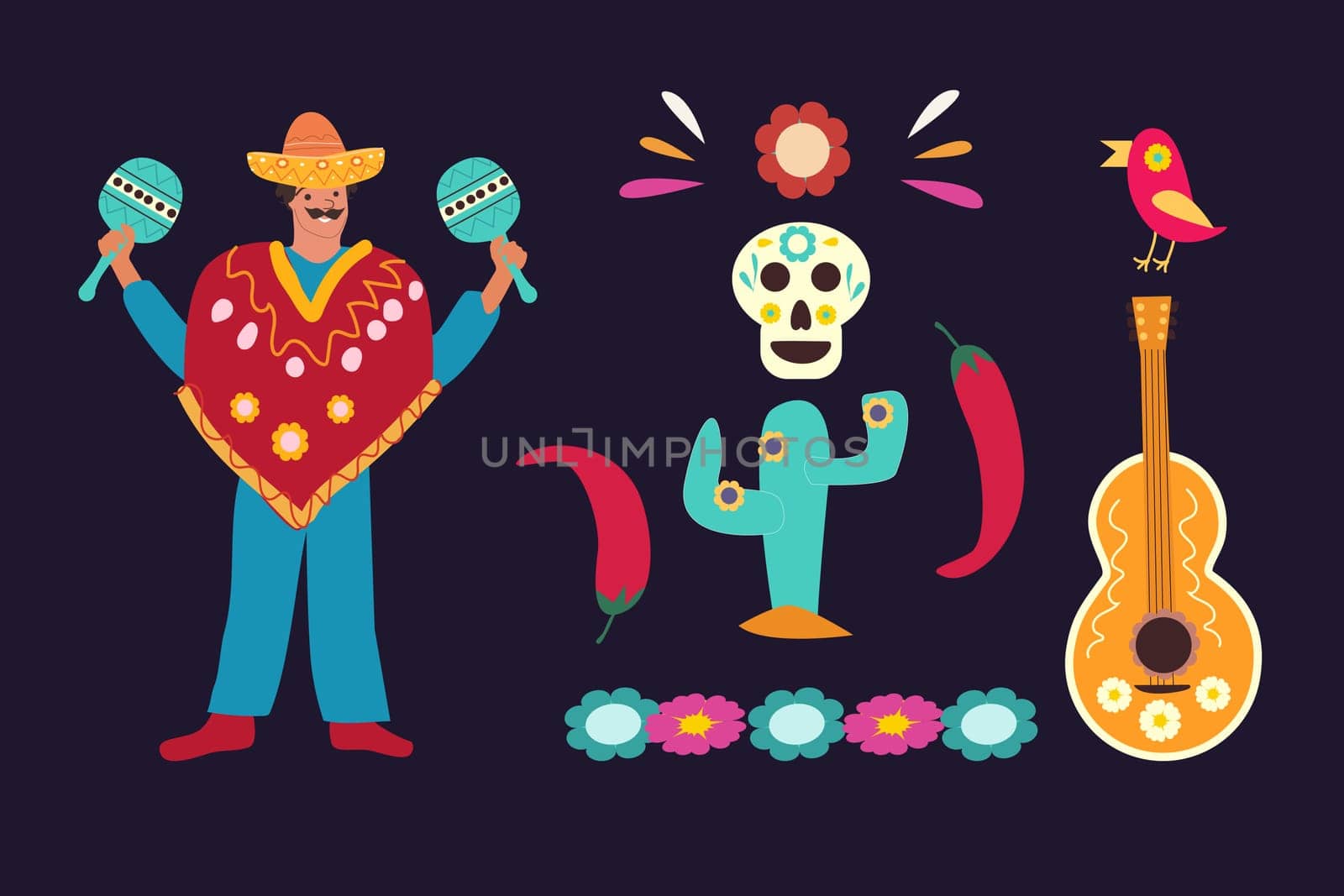 Mexican man in hat, cactus, guitar and maraca. . Vector illustration on dark background. Usable for mexican or ispanic holidays.