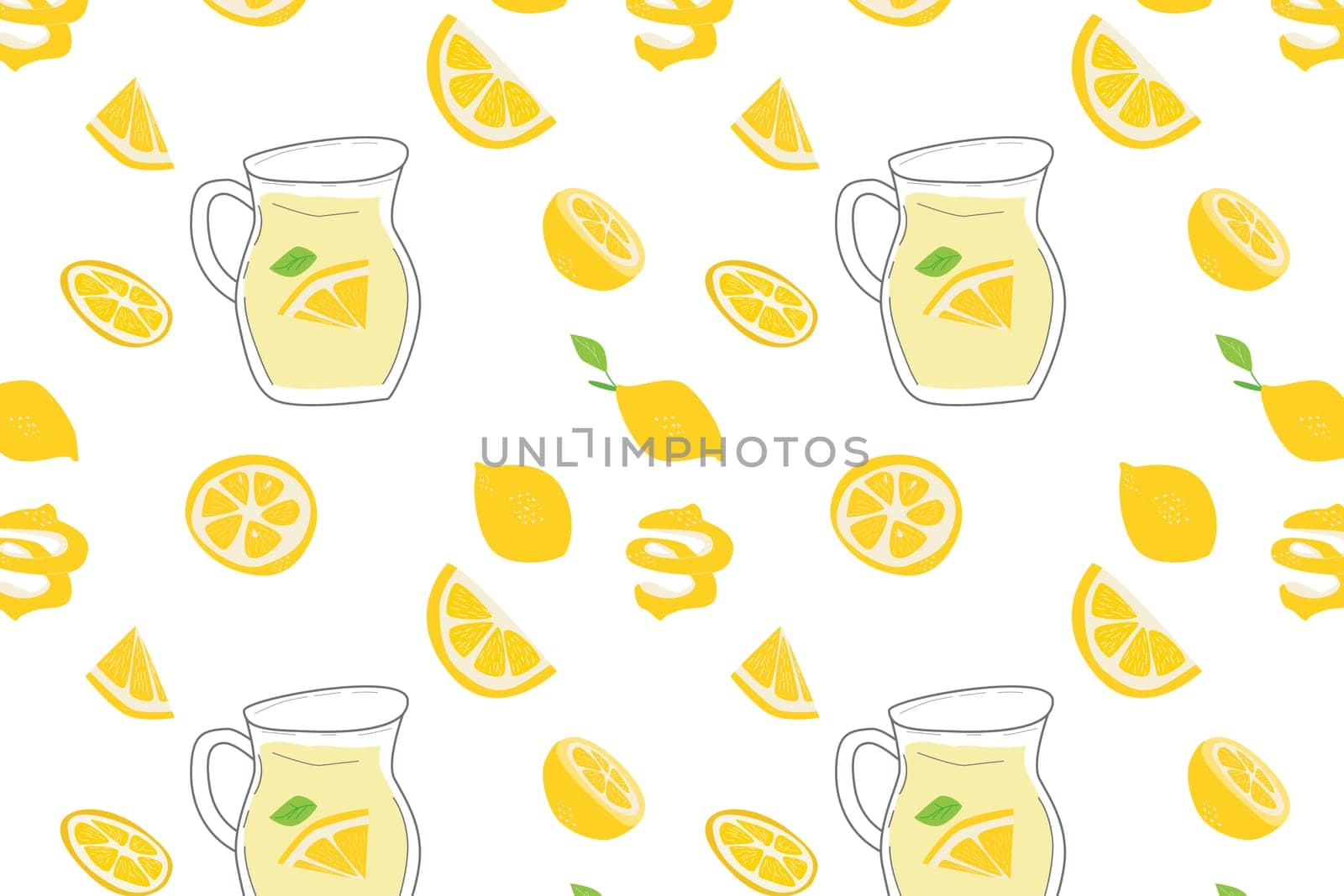 bright pattern with lemonade and lemon slices. On yellow color. Vector illustration isolated. Fruit background of lemon. Tropical fruit pattern.