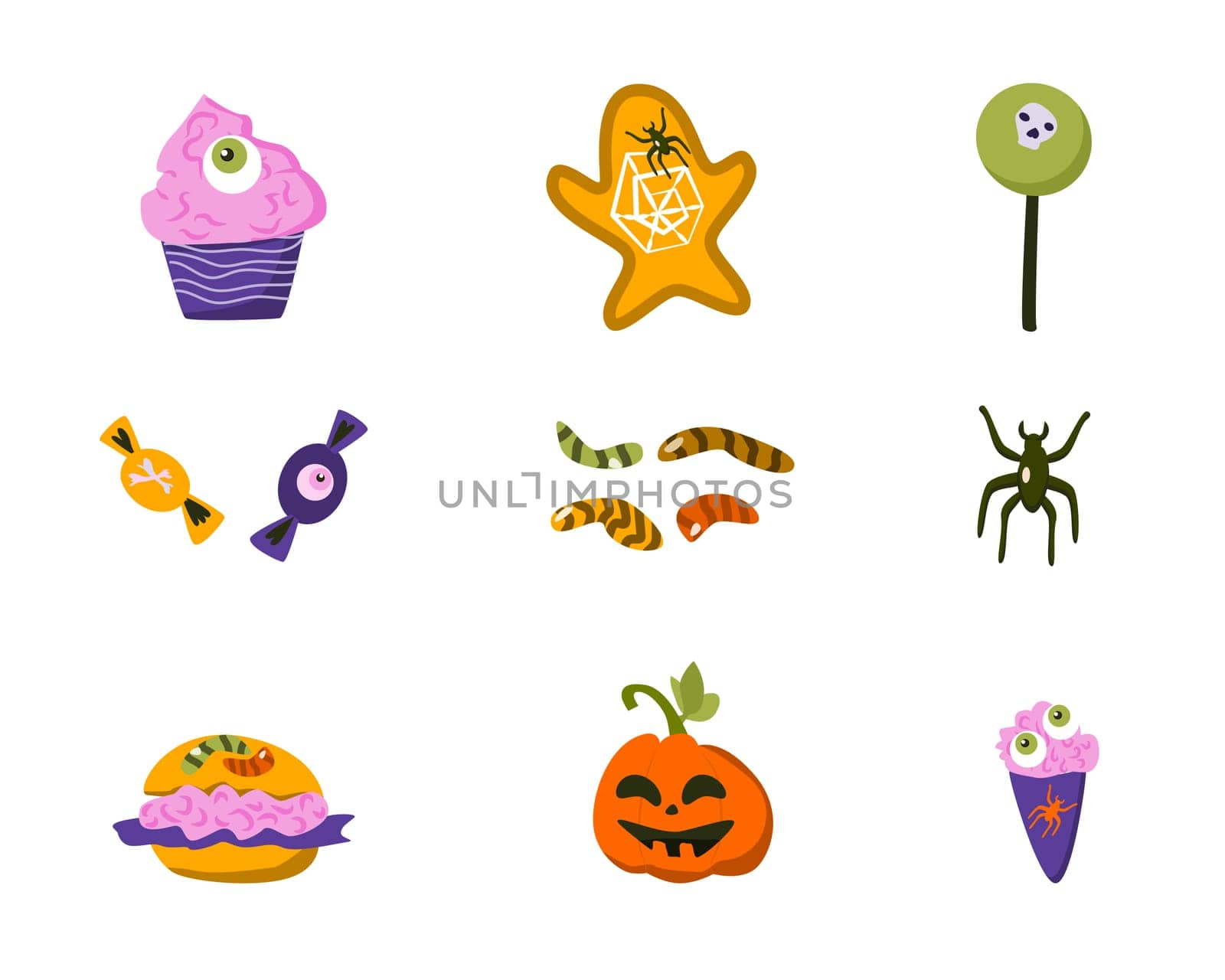 halloween sweets and food for zombie party - set. Vector illustration on white background. Usable for holidays banner, greeting card, invitation.