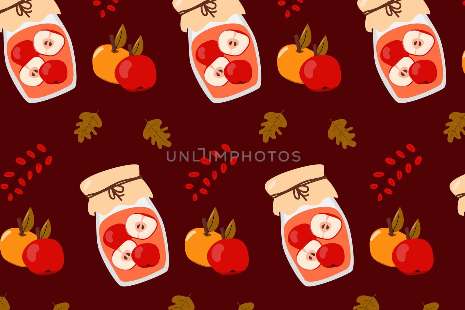 homemade fresh ripe apple compote - cartoon vector seamless background on red background. Vector illustration usable for greeting card, invitation, menu, banner and print design for poster, textile.