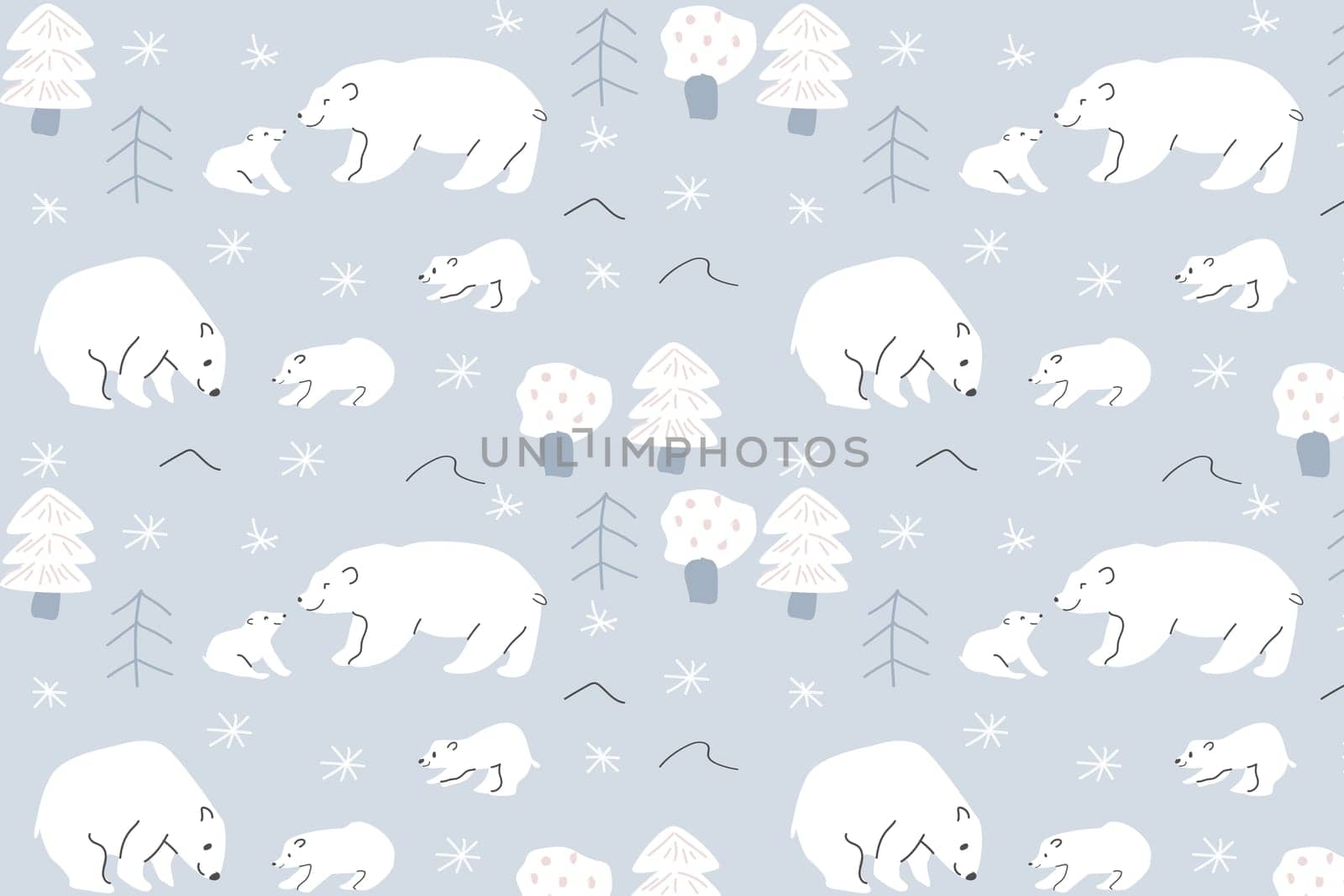 Seamless pattern - white polar bear mom and baby. Vector illustration with winter woodland. Usable for wallpaper, wraping paper and fabric textile.