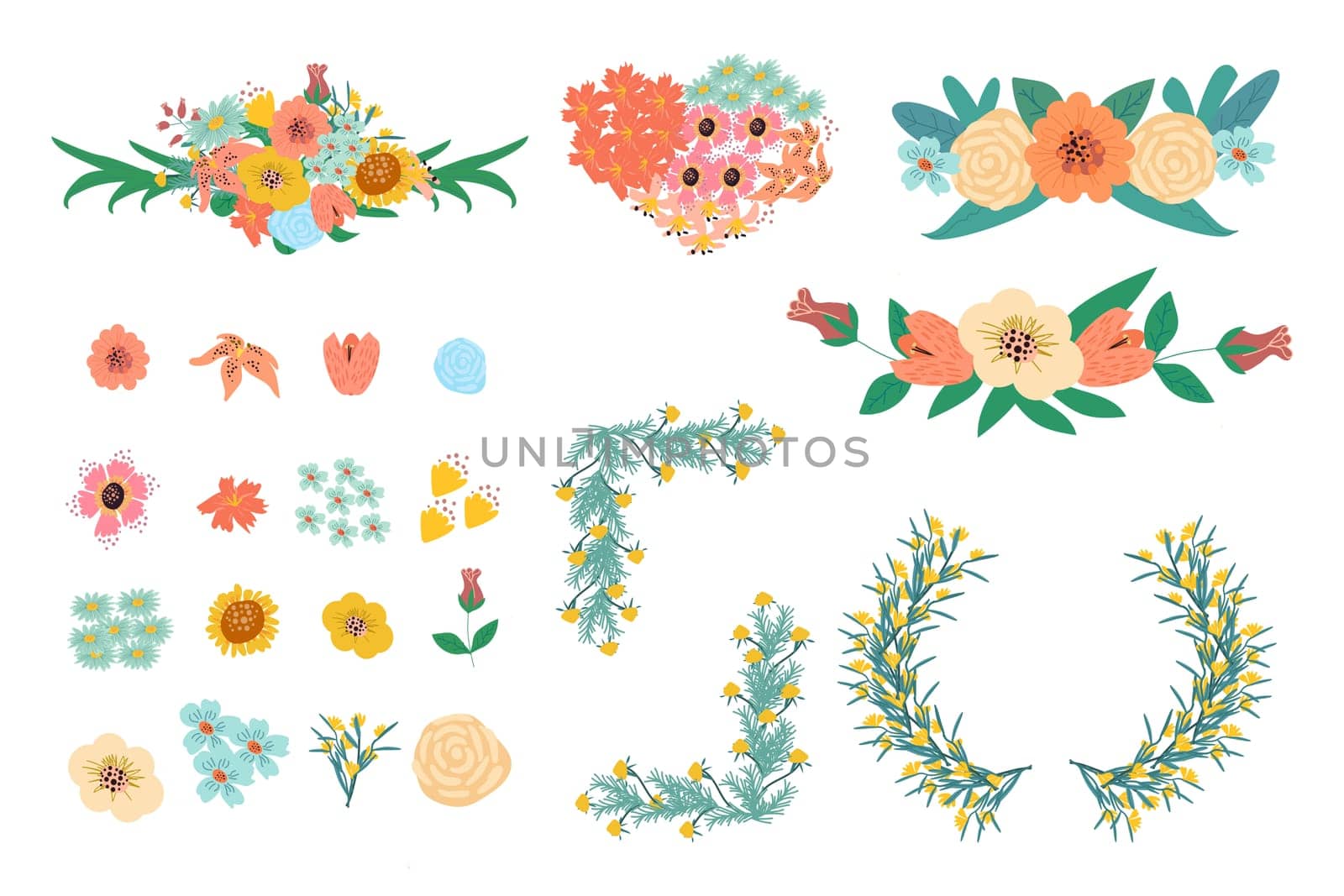 set of flowers and wreath frames for card celebration design. Vector illustration isolated. Floral elements with roses, peones and other summer flowers. Usable for invitation, banners.