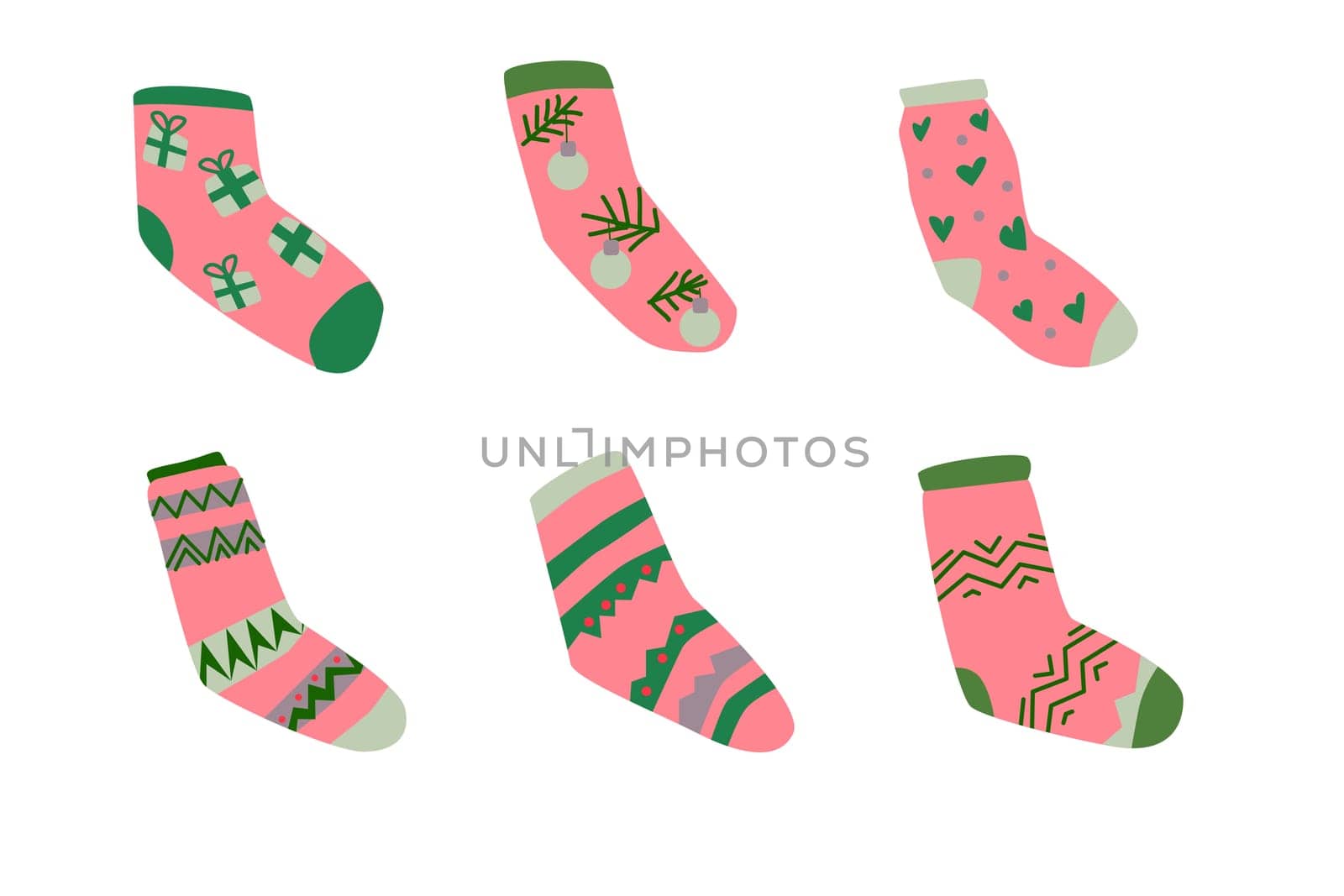 cute pink socks for winter holiday collection. Vector illustration of pink trendy decoration. Usable for greeting card, invitation, decoration poster and holiday backgrounds.