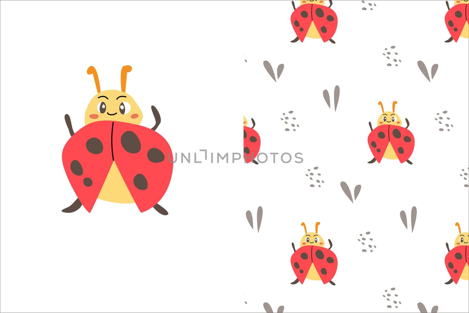 cute baby animal background - pattern with red bugs and mascot cartoon character - ladybug Vector illustration for childish textile, wrapping papers, fabric design, posters, wallpapers.