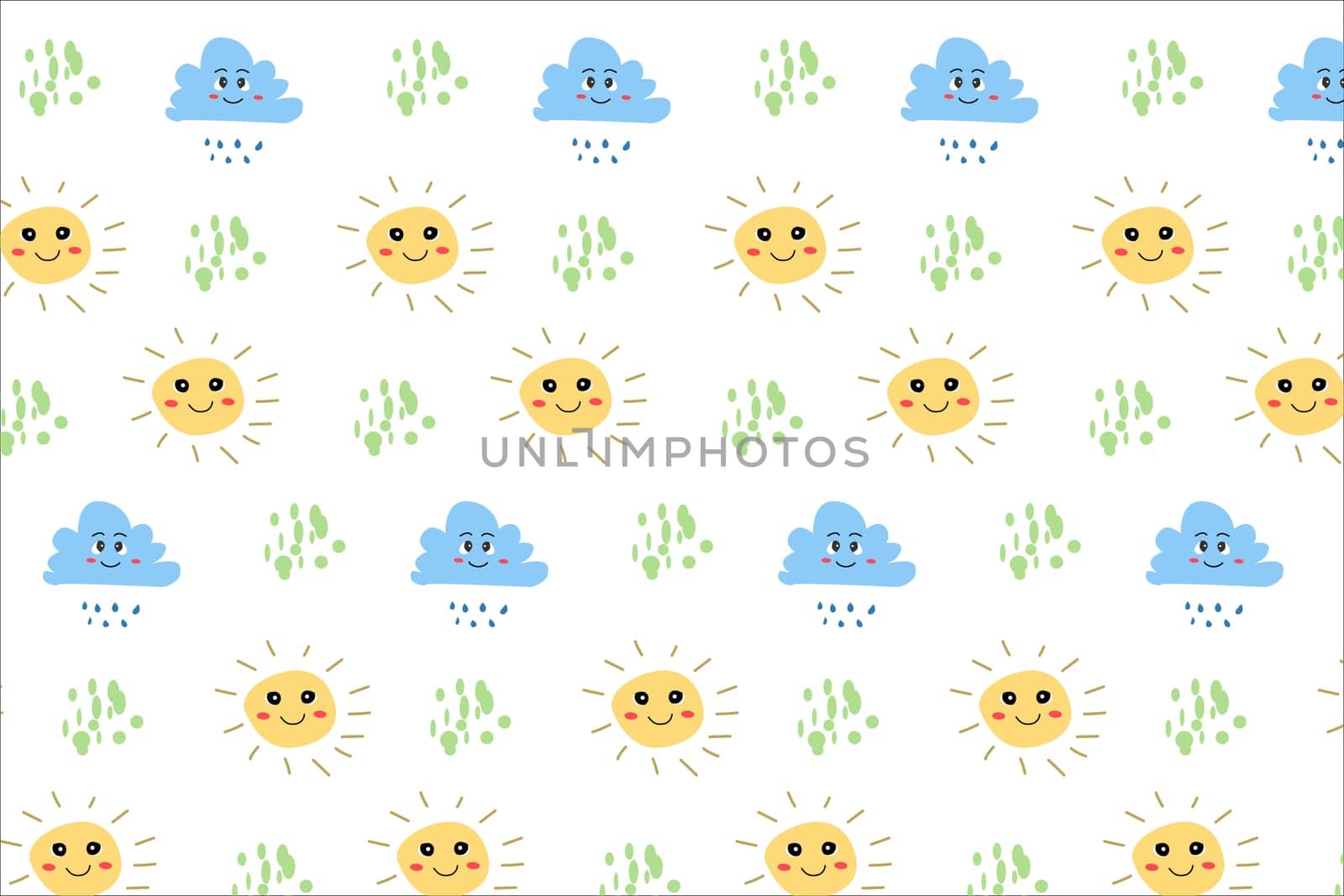 sun and clood character - seamless nursery background. Vector illustration on white color backdrop. Usable for kids textile, fabric.