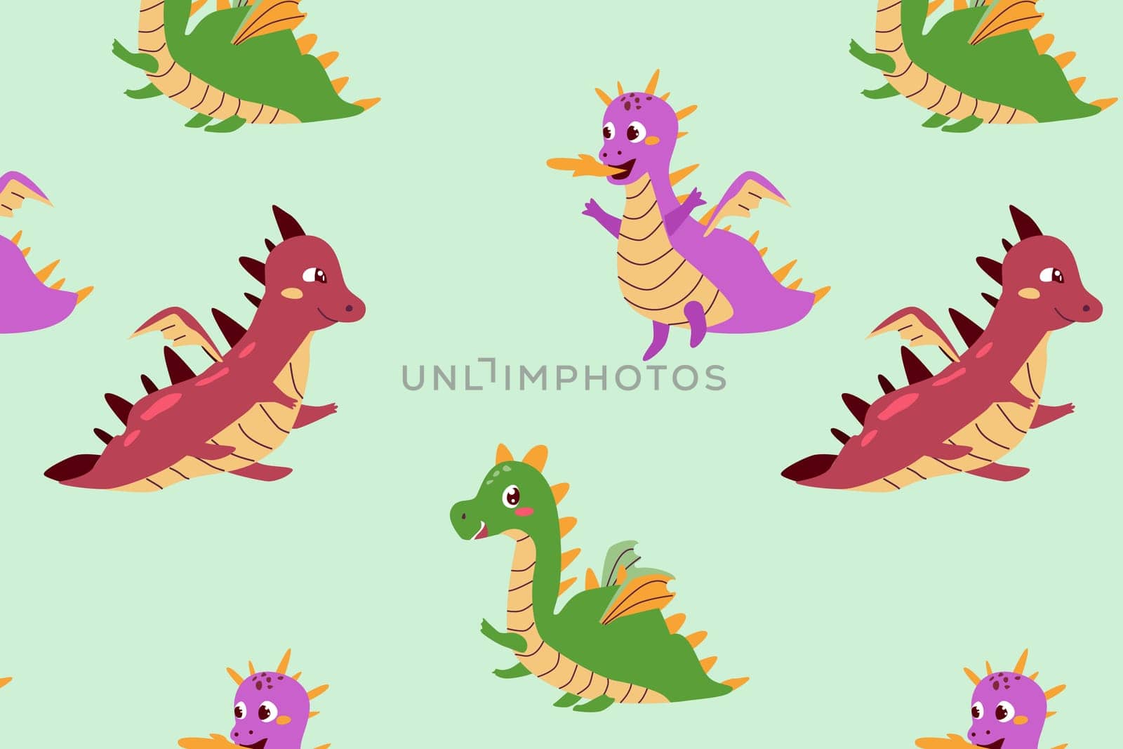 Seamless pattern of cute baby dragons in cartoon style. Vector illustration usable for textile, fabric print, wallpapers, posters, greeting cards, notebook covers and cute childish background.