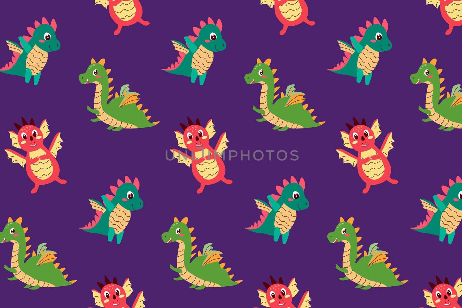 Seamless pattern of the cute baby dragons. Vector illustration