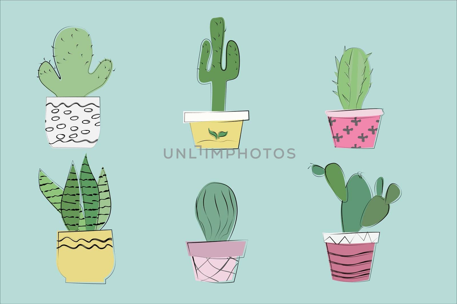 Set of cute cactus and succulents, vector illustration in flat hand drawn style. Vector illustration - sketch on blue background.