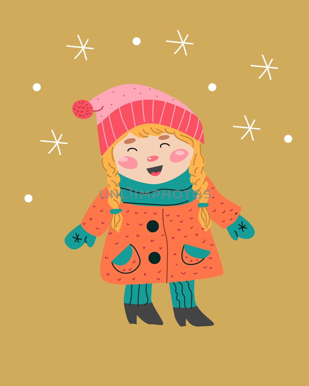 cute cartoon girl on golden background - card. Vector illustration usable for winter holidays, christmas and happy new year - banner or greeting card.