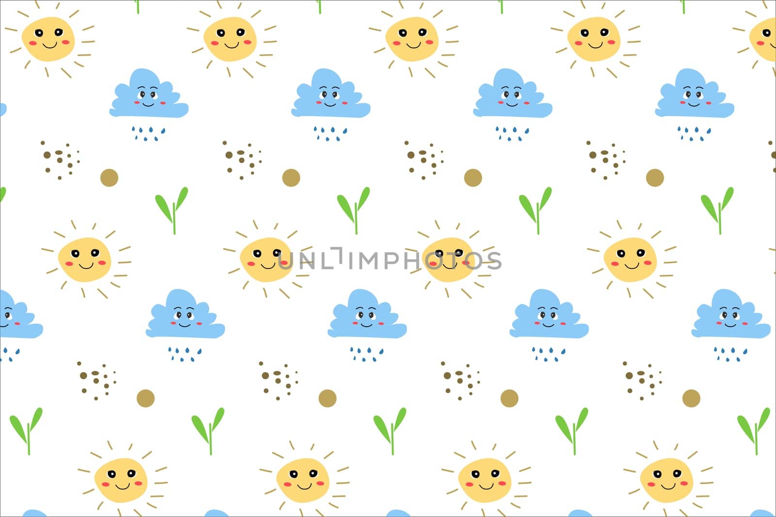 cute baby pattern with sun, cloud, suns. Vector illustration on white background. Usable for textile, wrapping papers, wallpapers, kitchen backgrounds, baby posters, notebook covers,