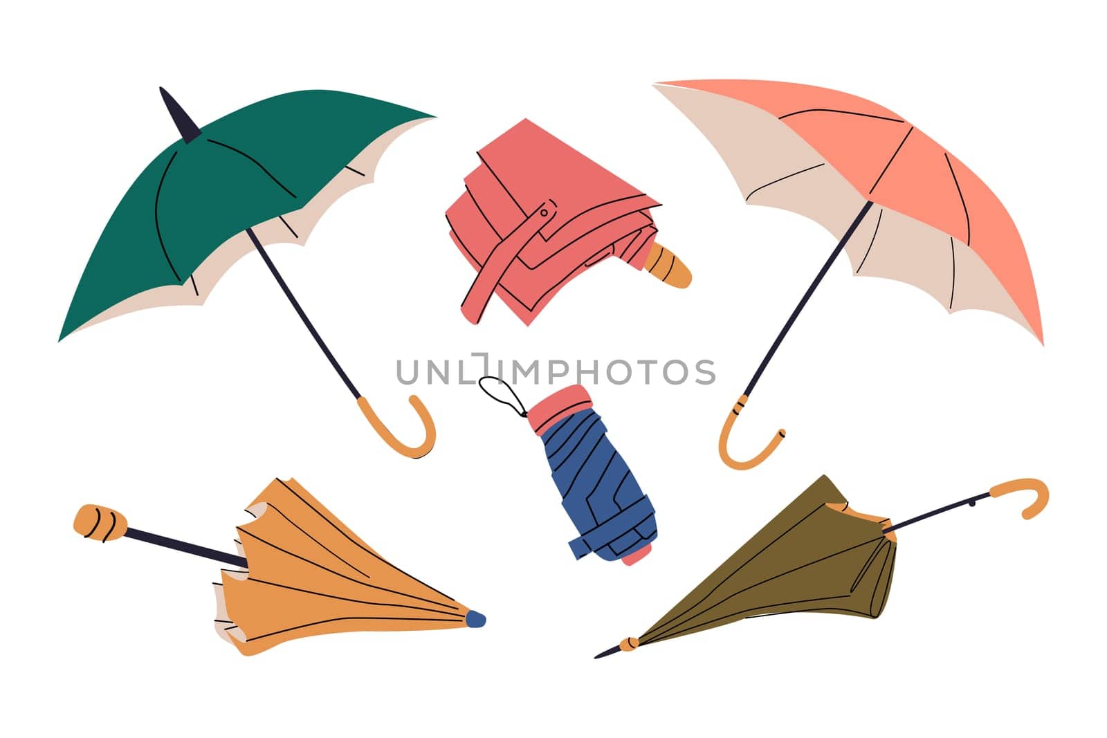 Closed, open, folded umbrellas in different colors. Vector illustration on white background. Set of protection parasols in autumn or spring season for rainy weather.