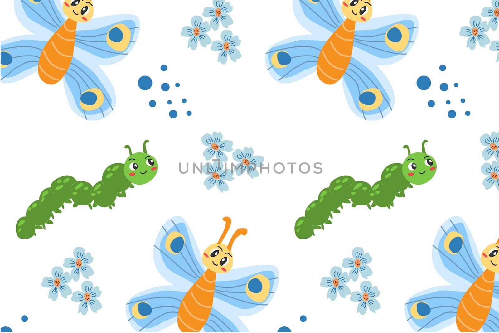 cute floral spring and summer pattern with insects butterfly and caterpilar. Vector illustration usable for fabric print, textile, posters, wallpapers.