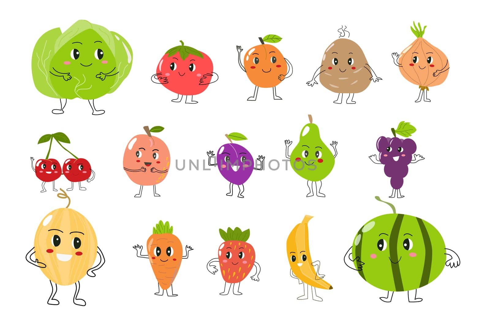 set of cute vegetables and fruits with outline hand and fruits. Vector illustration usable for menu, mascot, greeting card, baby background.