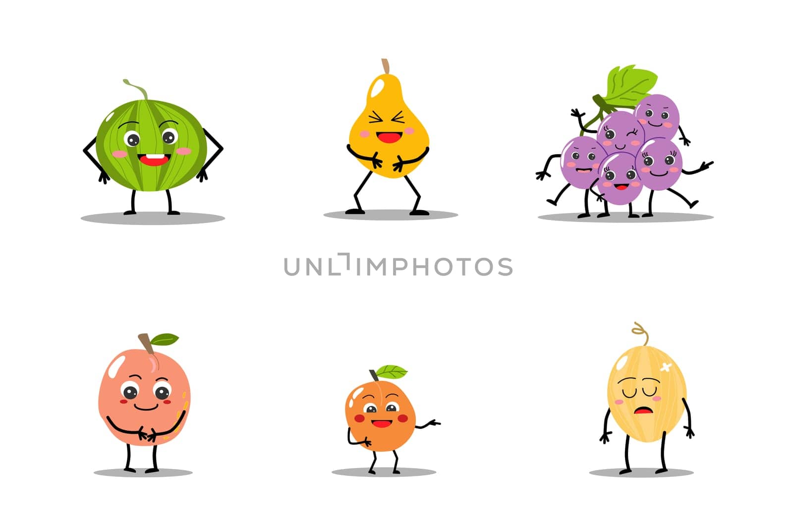 cute fruits - emoticon faces smiling and sad- set. Vector illustration on white background usable for mascot, funny baby menu background, poster, cards.