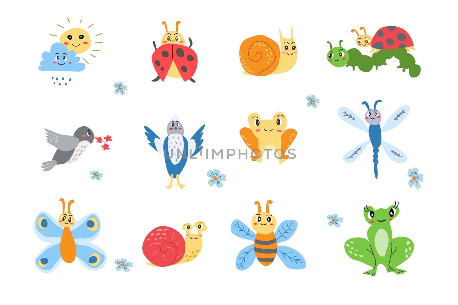 cute bee and other insects - cartoon animals set. Vector illustration usable for childish decoration cards, banners, postcards, patterns and mascots. Funny cartoon characters - cute animals bugs.