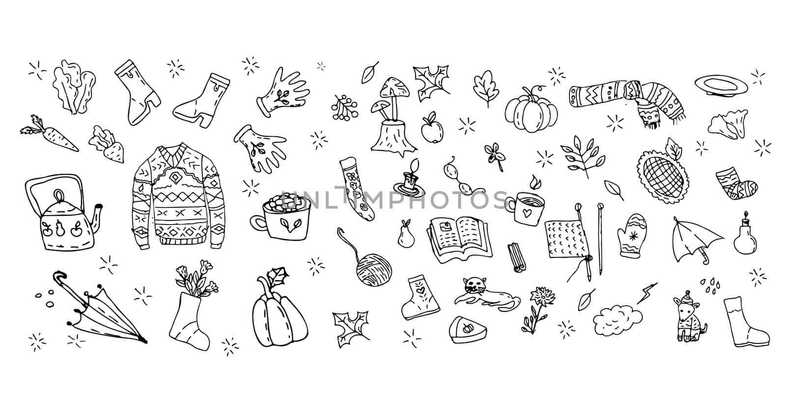 Vector set of doodle outline objects, autumn cozy illustrations. Vector illustration on white background. Warm clothes and tea, autumn things - autumn background in doodle style.