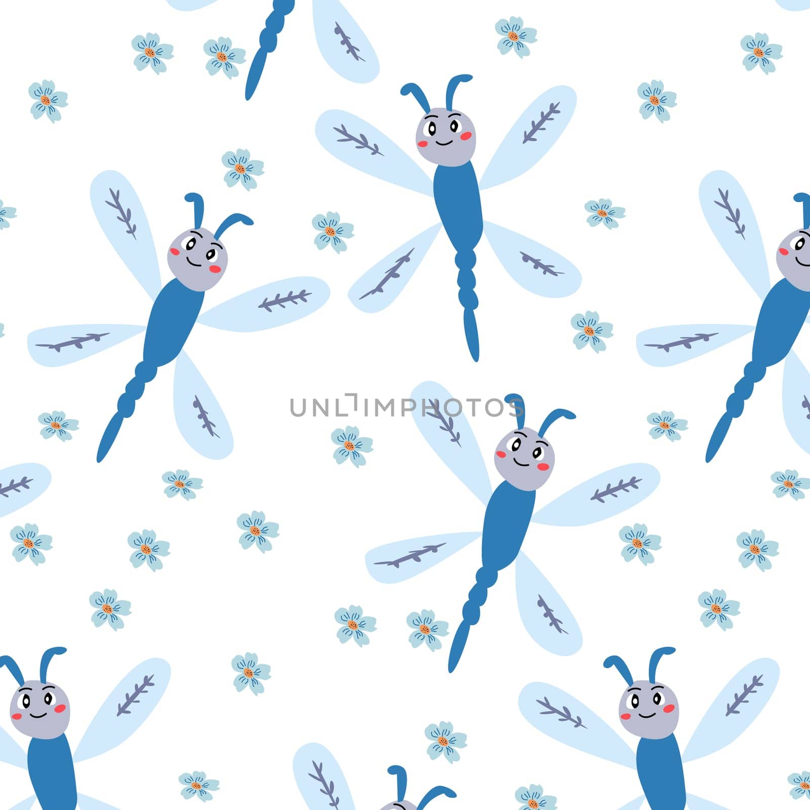 cute dragonfly and flower floral baby pattern. Vector illustration on white background. Usable for baby textile, wrapping paper.