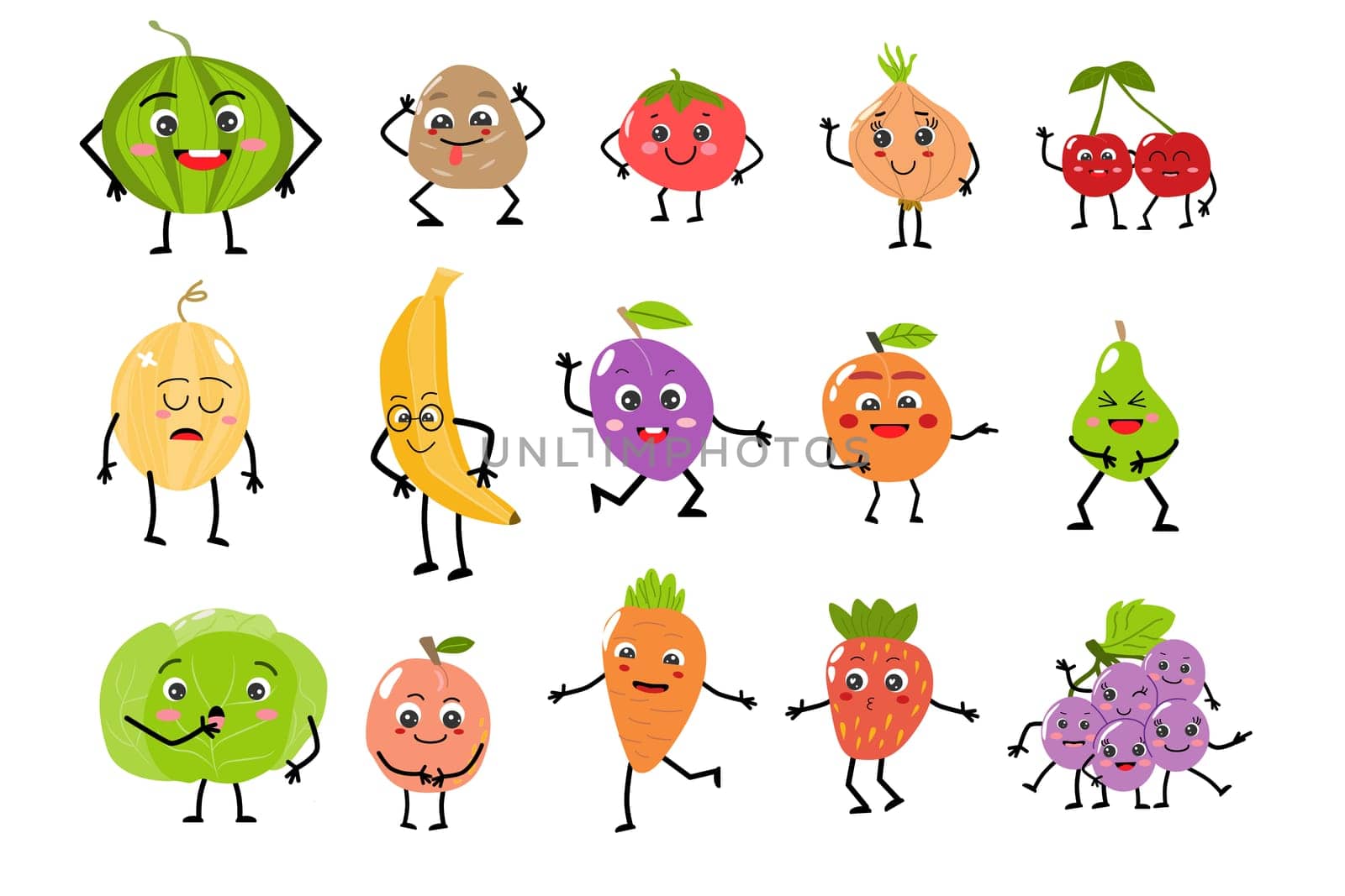 Cartoon vegetable and fruit cute characters -faces. Vector illustration with different emotions. Can used for kids menu background and postcard, card, wallpaper.