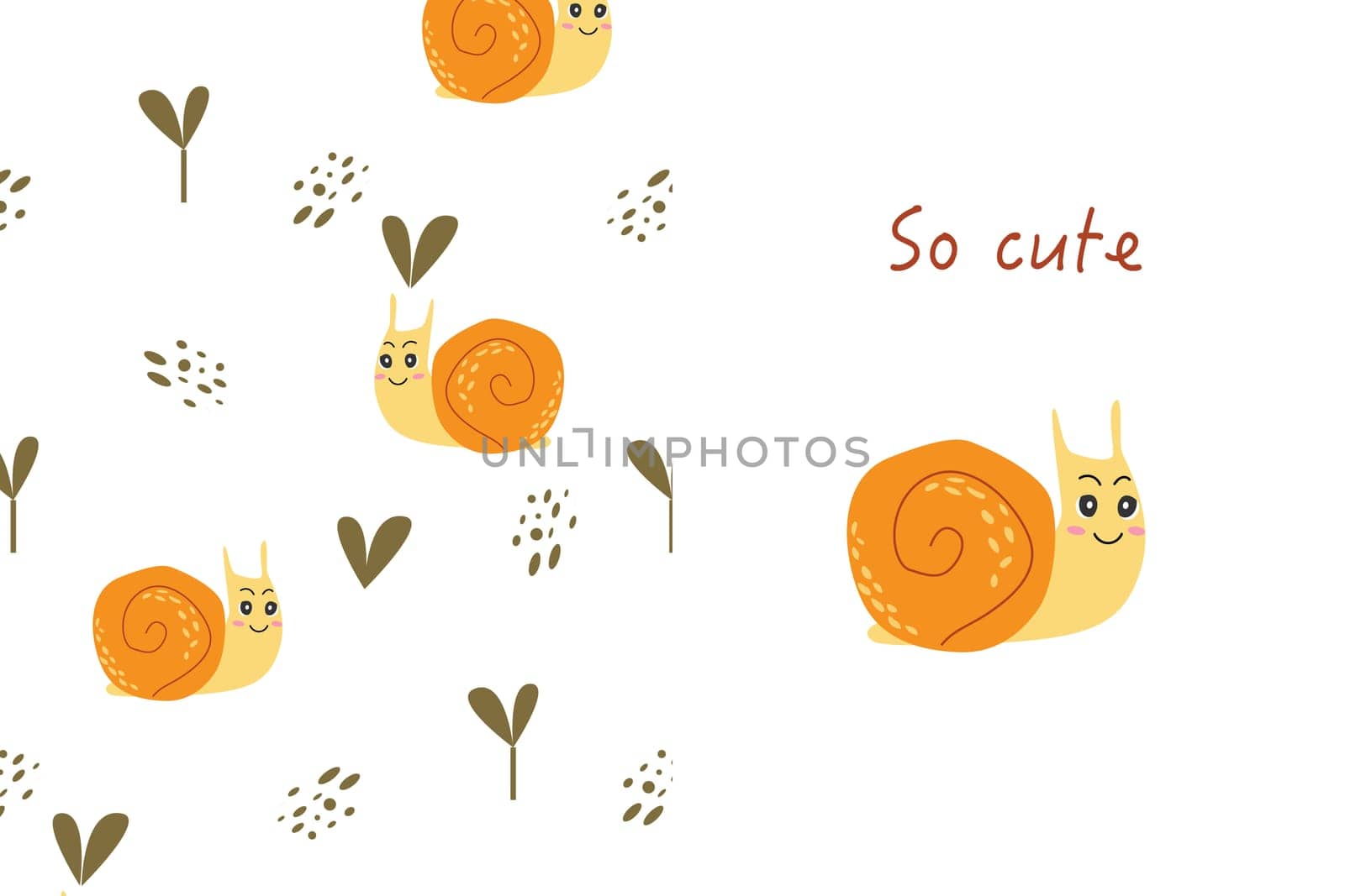 cute baby animal snail and funny pattern, baby background for nursery textile. Vector illustration with cute smiling insect snail and plants. Usable for fabric, textile, covers, cards.