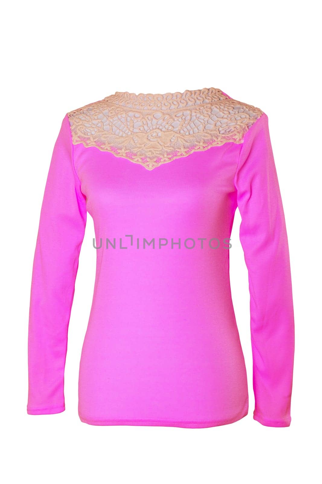 Pink fashion blouse. A pink autumn or spring blouse for women with a bright lace collar on a mannequin isolated on white background. Clipping path. Women‘s fashion.