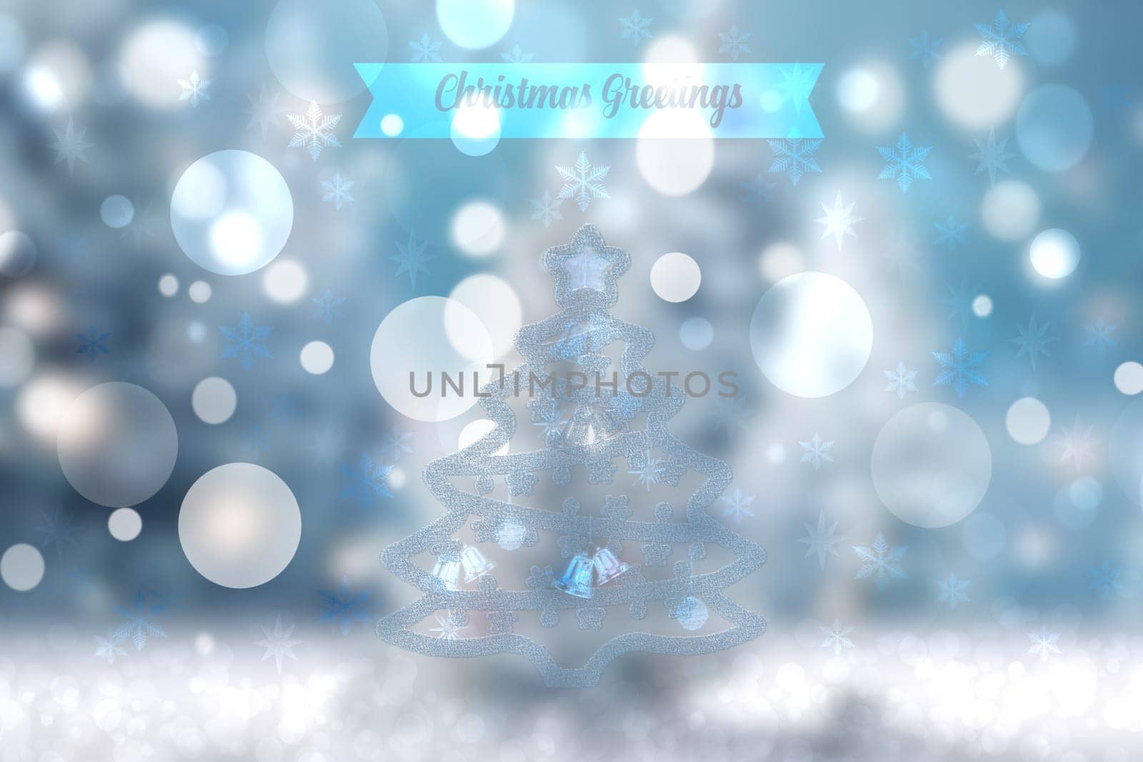 Abstract festive elegant blue white glittering greeting card with a christmas tree, stars and a bokeh lighted Merry Christmas text. Beautiful backdrop with space.
