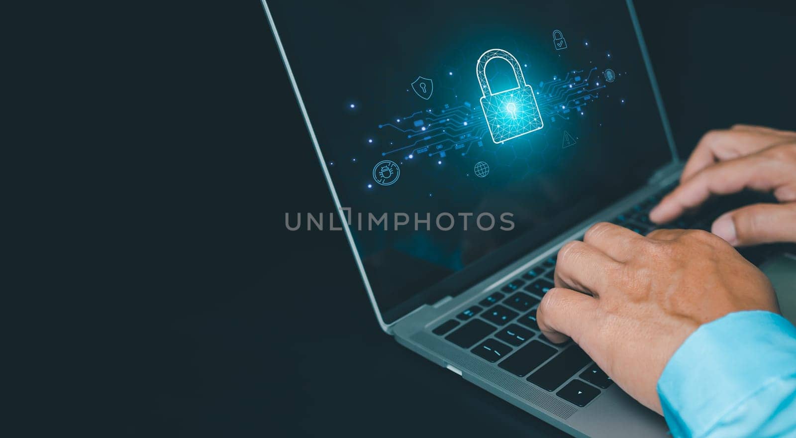 Cyber security and password login concept, Hands uses computer and entering username and password of data network, log in with laptop to digital information system, Online data protection concept