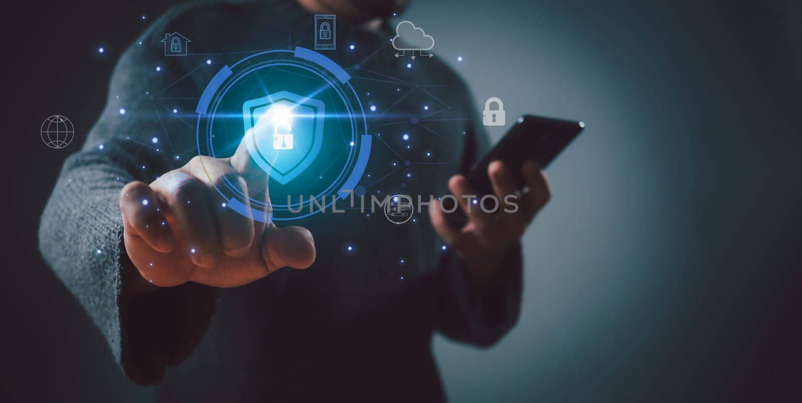 People using smartphone secure encryption technology, cybersecurity privacy of data protection, security Internet access, security encryption of user private data, business confidentiality.