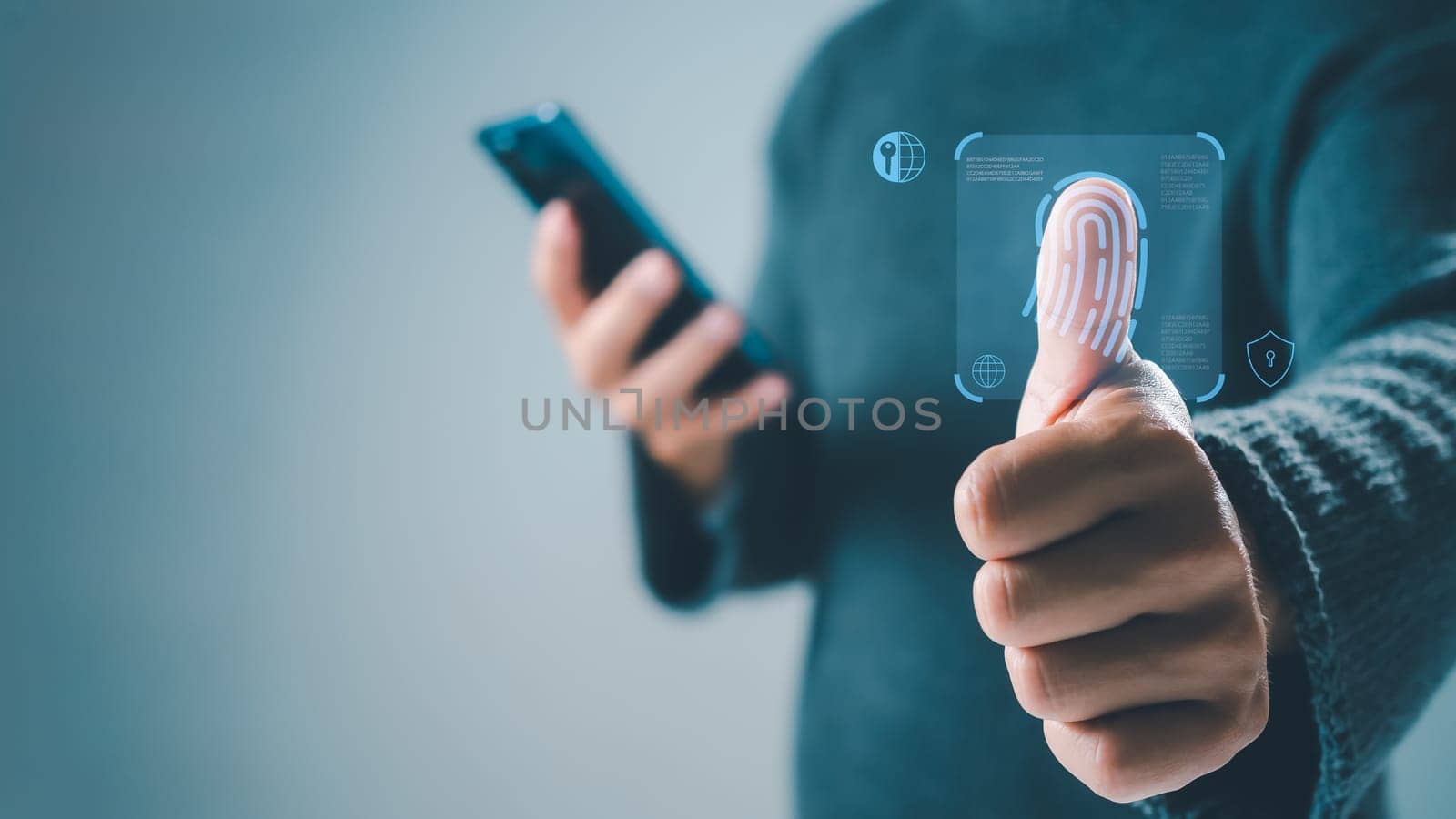 Businessman scan fingerprint biometric identity and approval. Secure access granted by valid fingerprint scan, Business Technology Safety Internet Network Concept, Business Technology Safety Internet Network Concept.