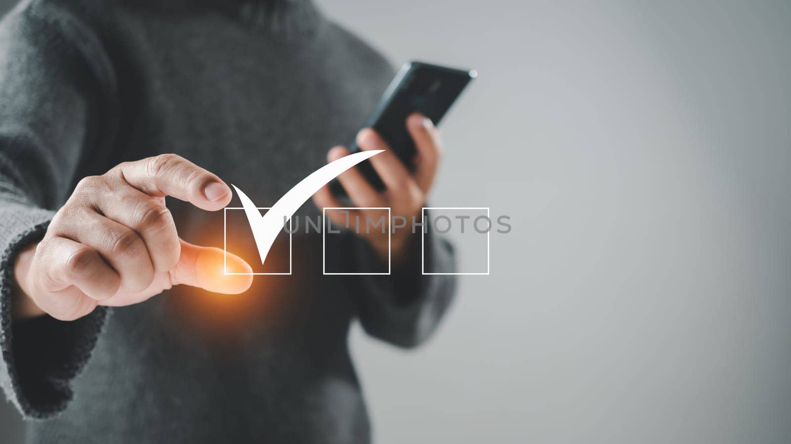Man holding correct white symbol in white frame. For business proposals and concept approval documents